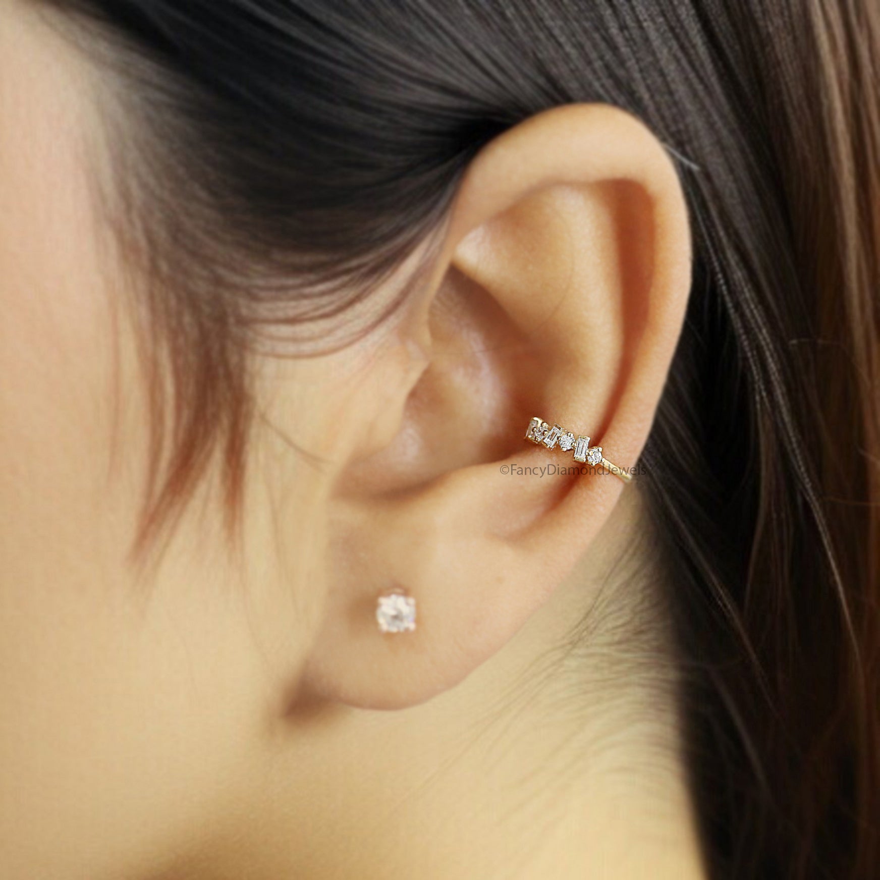 Dainty Baguette & Round Brilliant Cut Colorless Moissanite Diamond Ear Cuff Conch Ear Cuff Yellow Gold Ear Wrap FD329