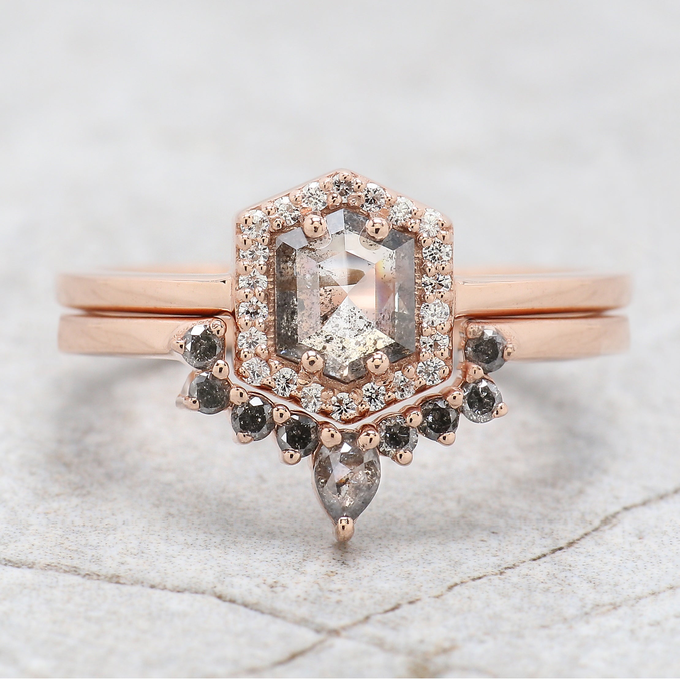 0.64 Ct Natural Hexagon Salt And Pepper Diamond Ring 6.00 MM Hexagon Shape Diamond Ring 14K Solid Rose Gold Silver Engagement Ring QN1439