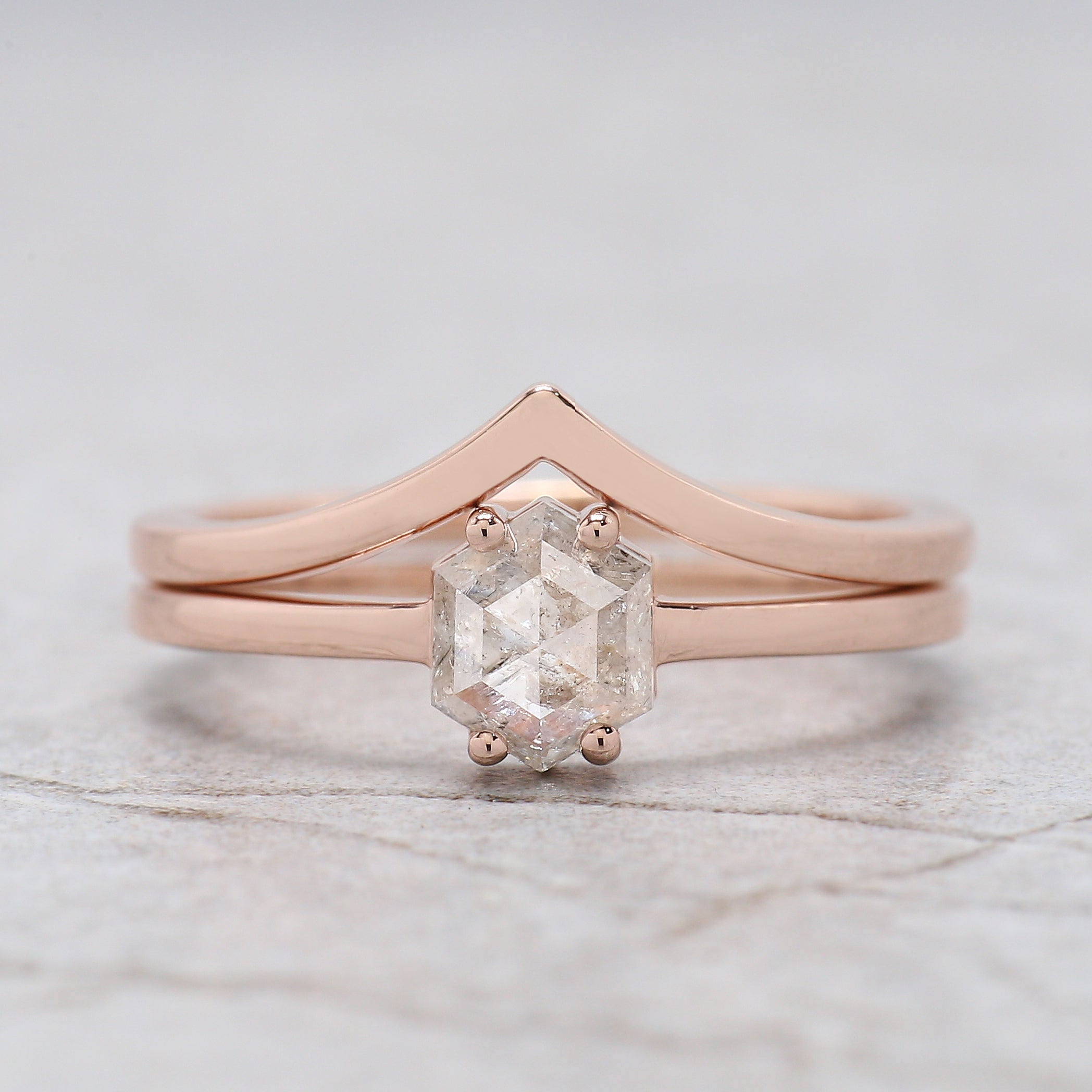 Hexagon Cut Salt And Pepper Diamond Ring 0.78 Ct 6.15 MM Hexagon Diamond Ring 14K Solid Rose Gold Silver Engagement Ring Gift For Her QN2183