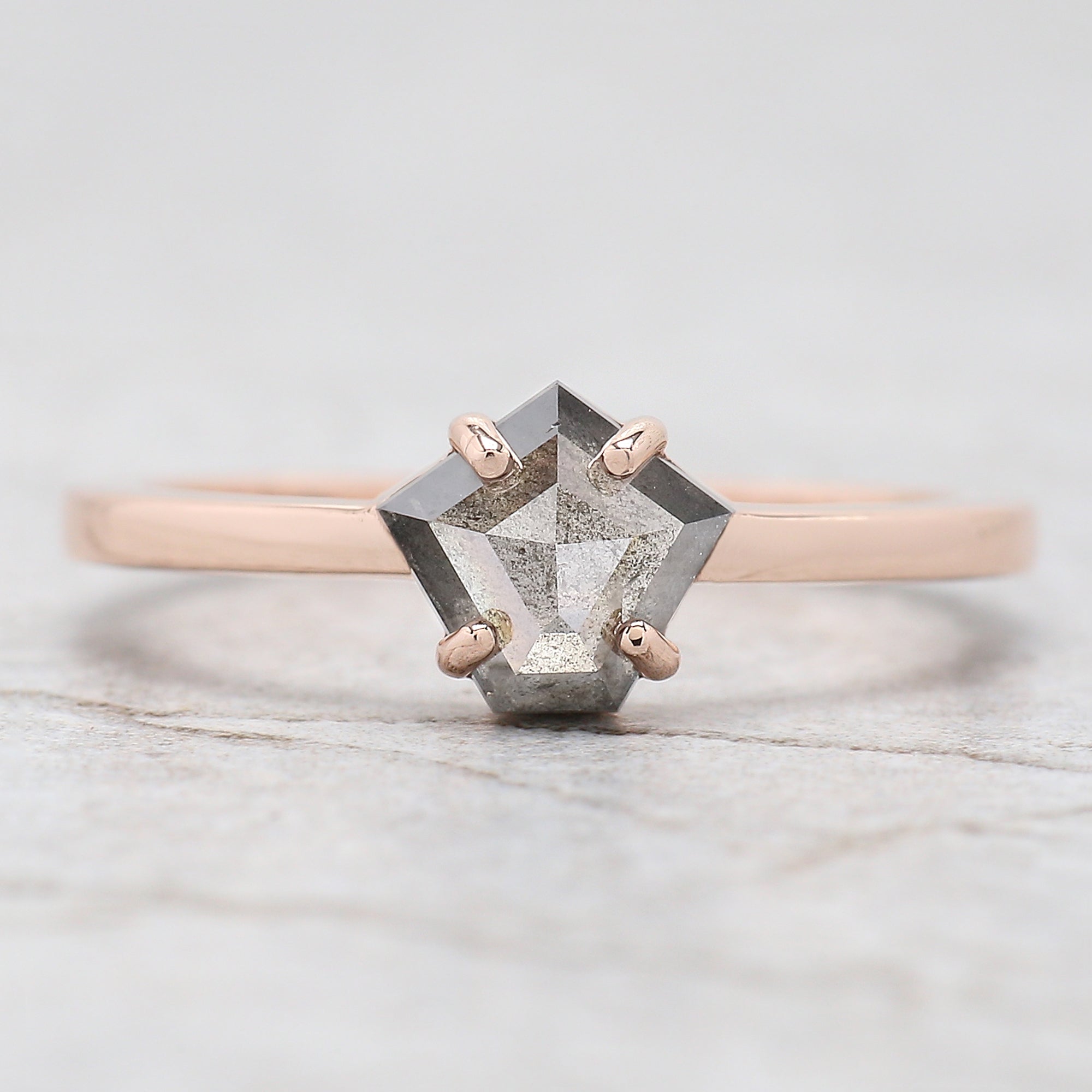 Pentagon Cut Salt And Pepper Diamond Ring 0.92 Ct 6.60 MM Pentagon Diamond Ring 14K Rose Gold Silver Engagement Ring Gift For Her QL438