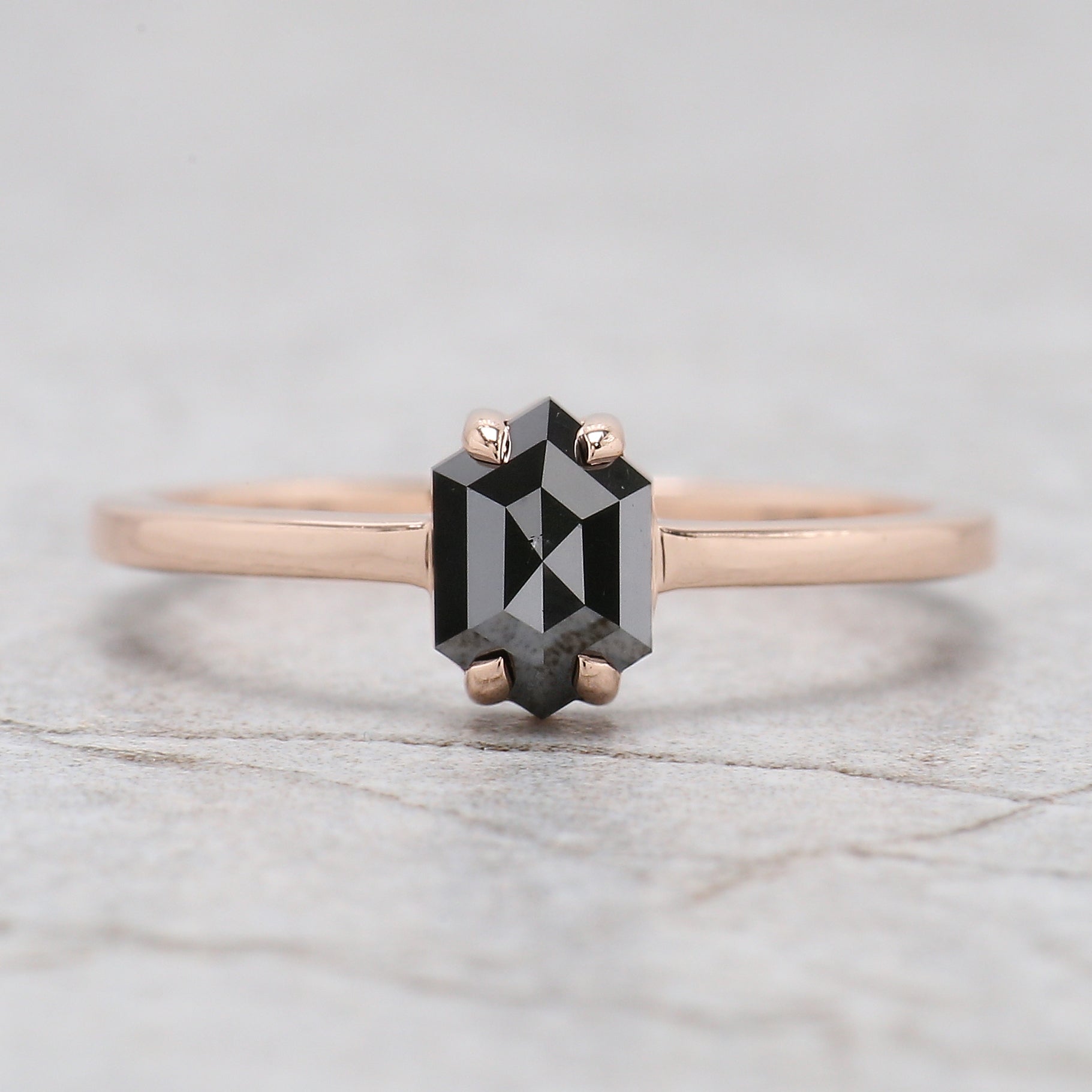 Hexagon Black Color Diamond Ring 0.88 Ct 6.70 MM Hexagon Shape Diamond Ring 14K Solid Rose Gold Silver Engagement Ring Gift For Her QN2274