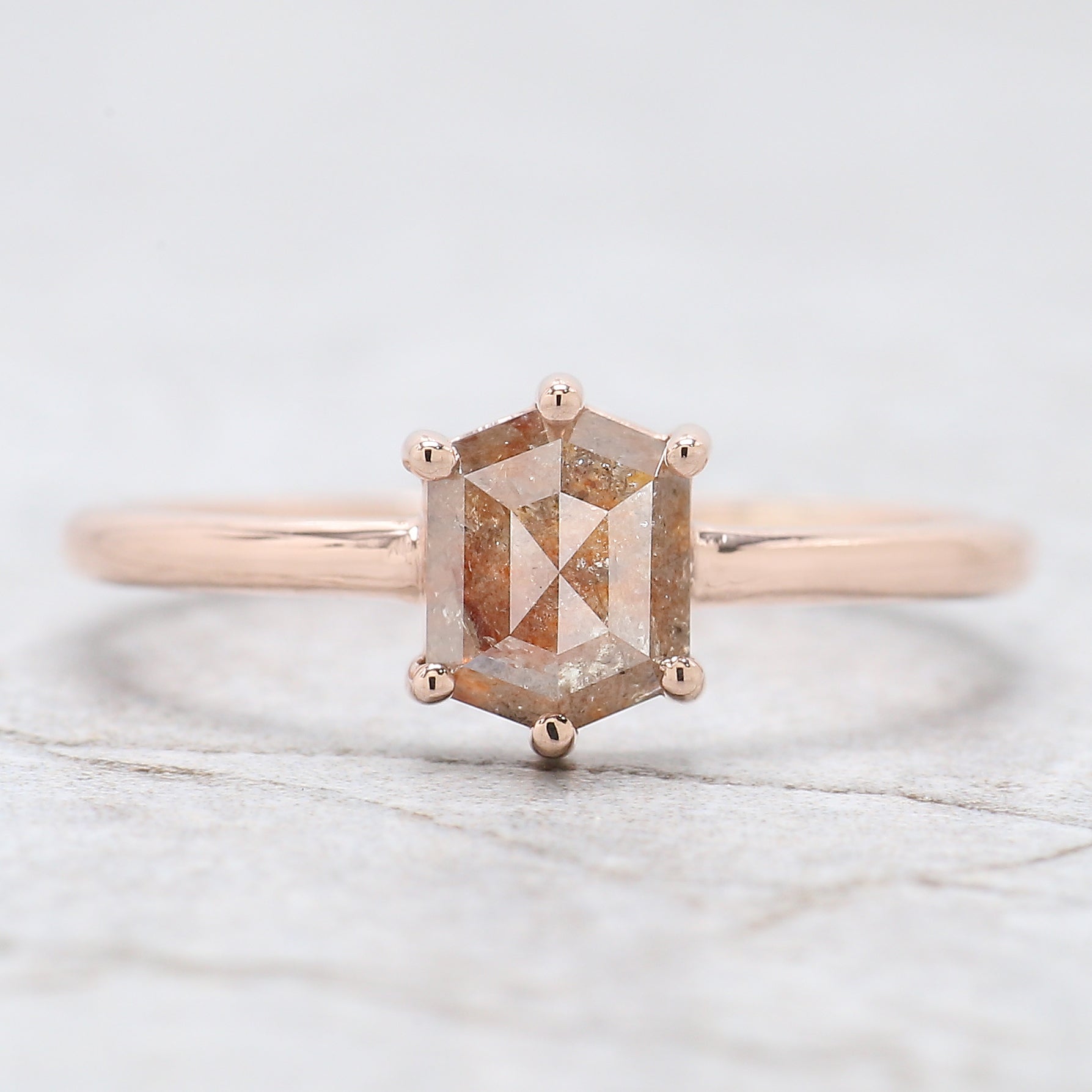 Hexagon Brown Color Diamond Ring 1.16 Ct 6.54 MM Hexagon Shape Diamond Ring 14K Solid Rose Gold Silver Engagement Ring Gift For Her QN2181