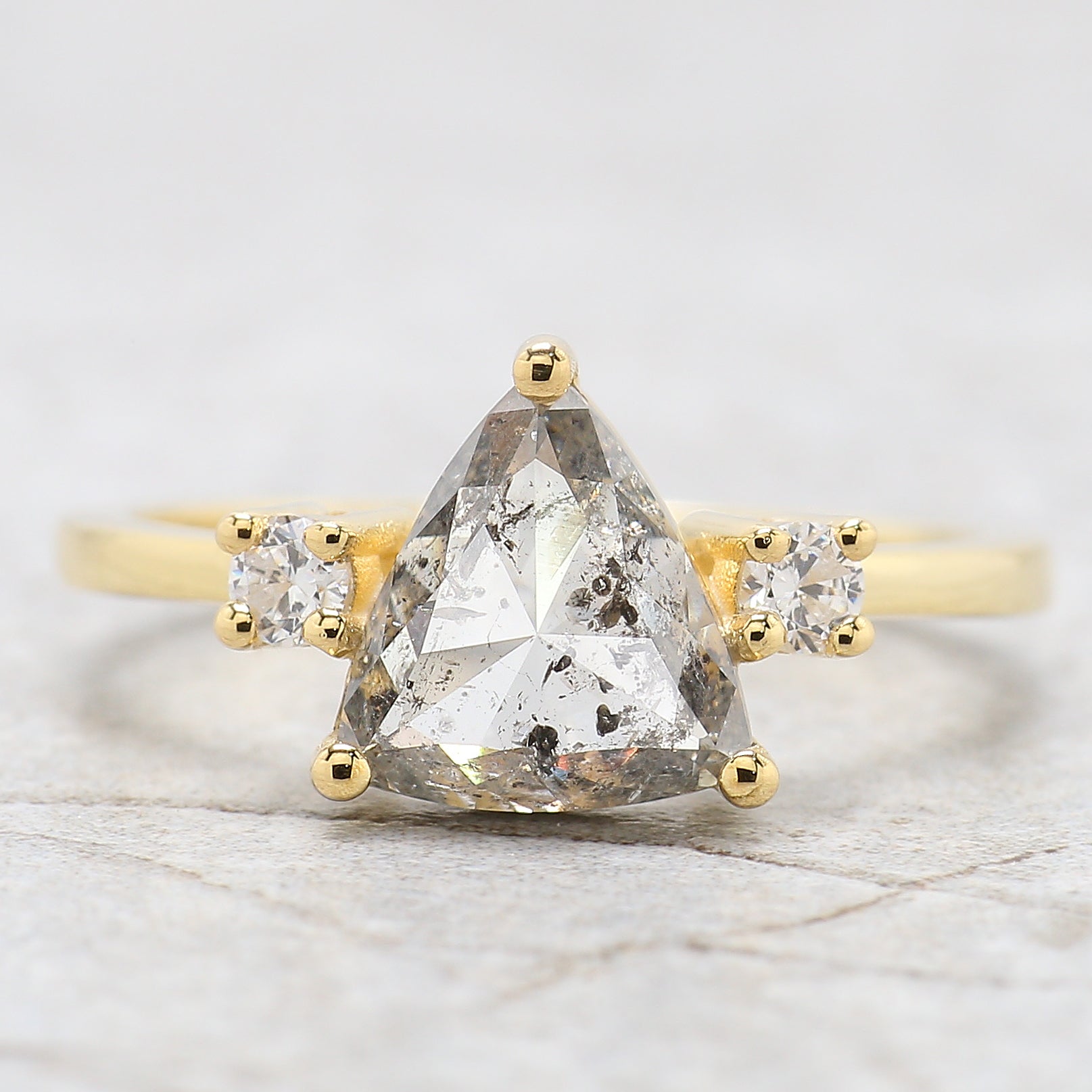 Triangle Cut Salt And Pepper Diamond Ring 2.09 Ct 8.51 MM Triangle Diamond Ring 14K Solid Yellow Gold Silver Engagement Ring Gift For Her QL2592