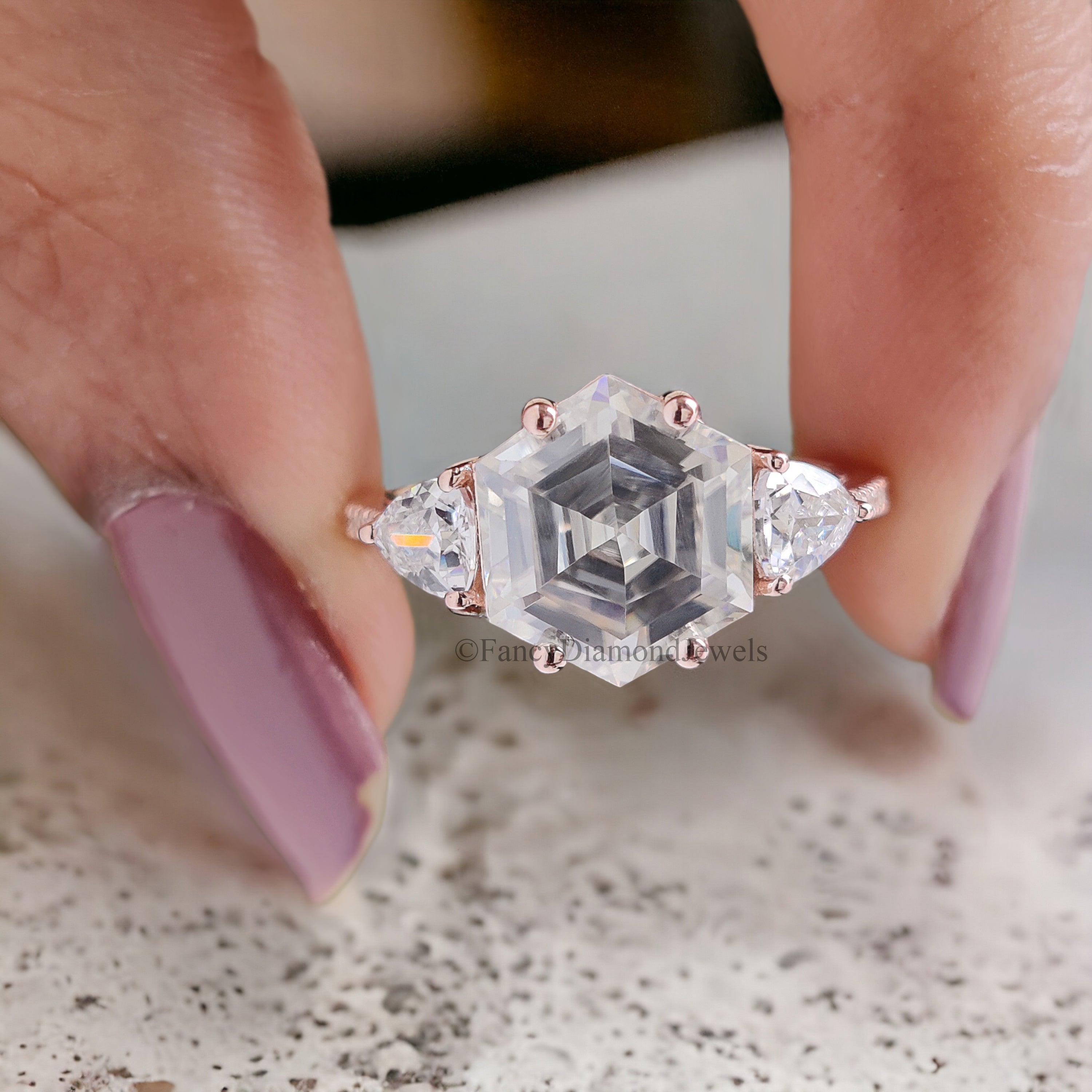 2.95 CT Antique Hexagon Moissanite Engagement Ring Triangle And Round Ring For Gifting Bridal Wedding Ring Anniversary Gift Ring Her FD175