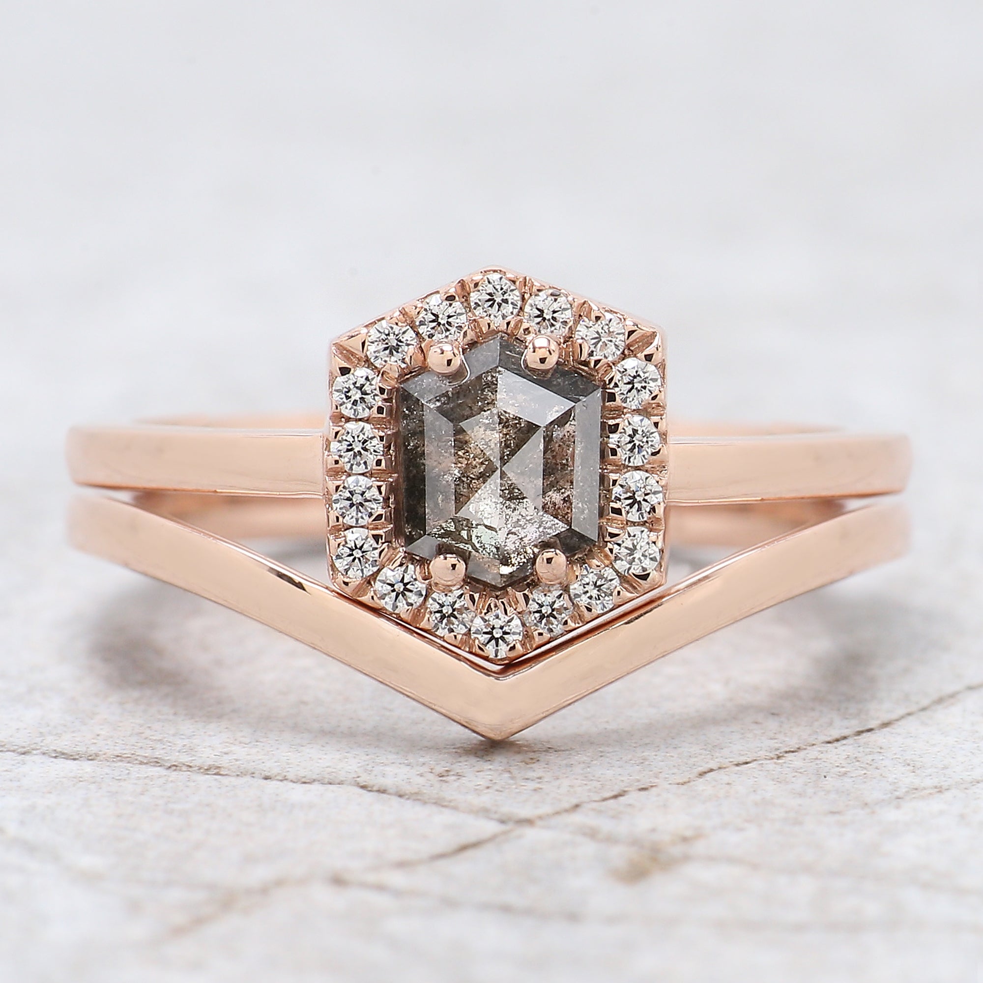 Hexagon Cut Salt And Pepper Diamond Ring 0.77 Ct 6.05 MM Hexagon Diamond Ring 14K Solid Rose Gold Silver Engagement Ring Gift For Her QN1223