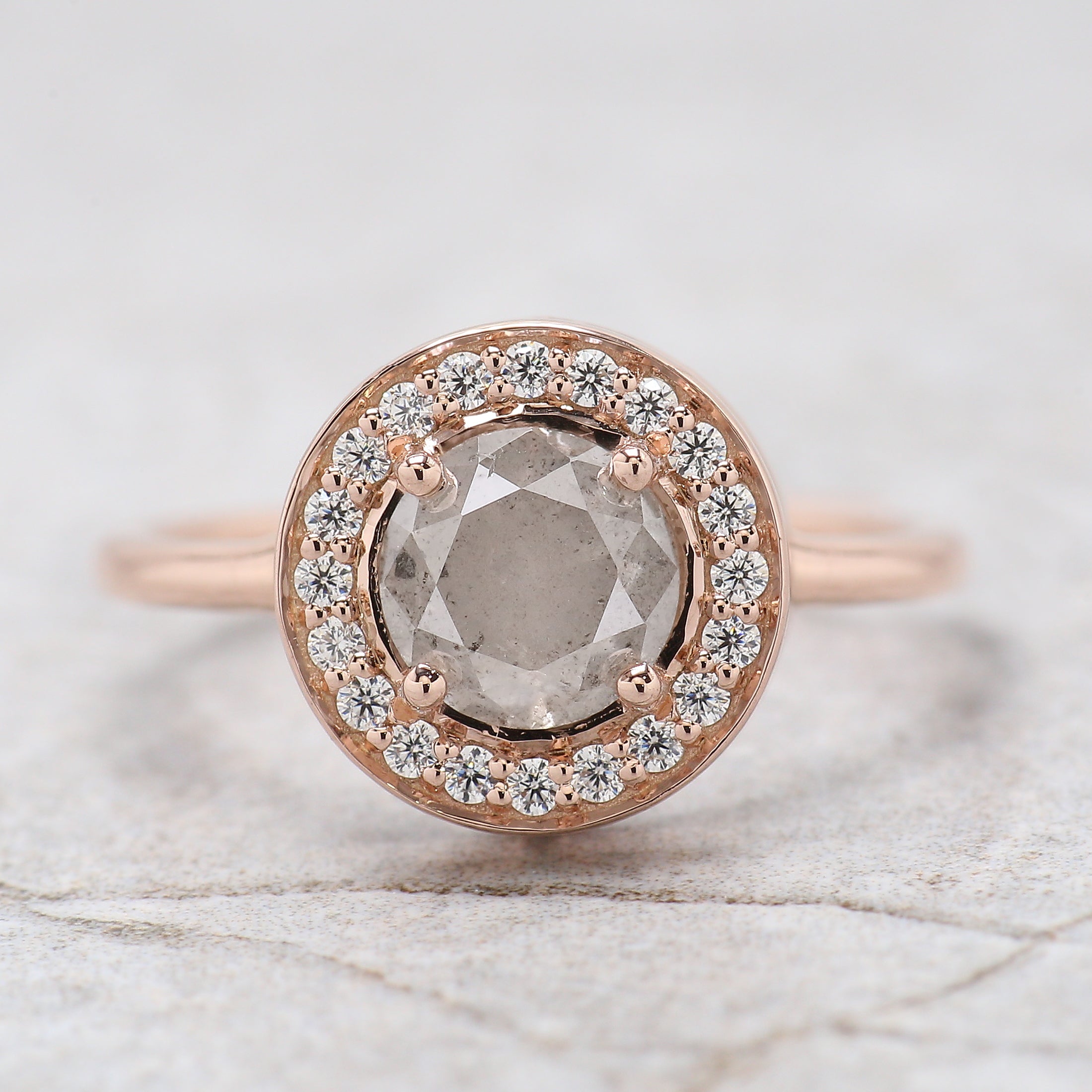 Round Cut Salt And Pepper Diamond Ring 1.25 Ct 6.15 MM Round Diamond Ring 14K Solid Rose Gold Silver Engagement Ring Gift For Her QN486