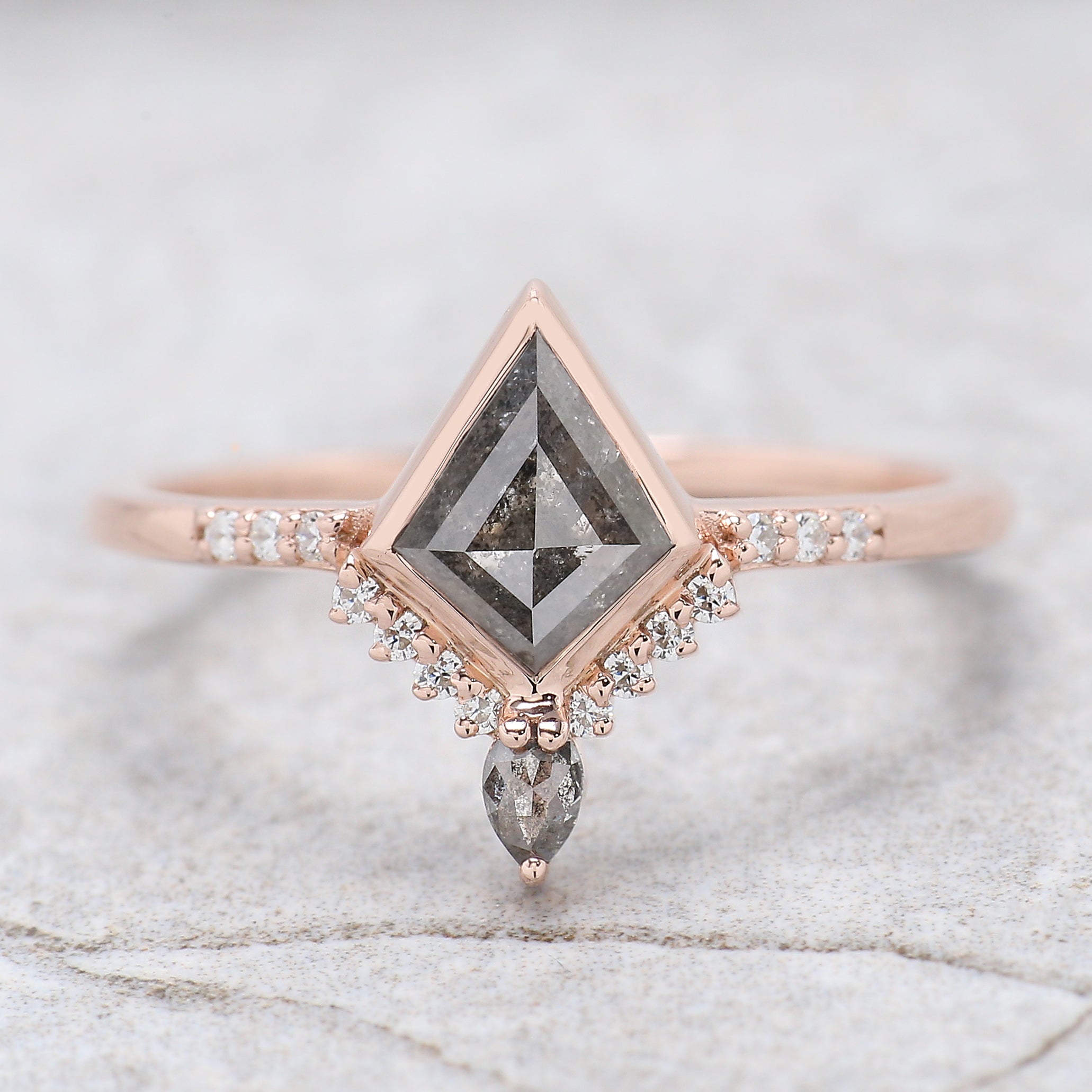 Kite Cut Salt And Pepper Diamond Ring 0.60 Ct 7.20 MM Kite Diamond Ring 14K Solid Rose Gold Silver Kite Engagement Ring Gift For Her QN2095