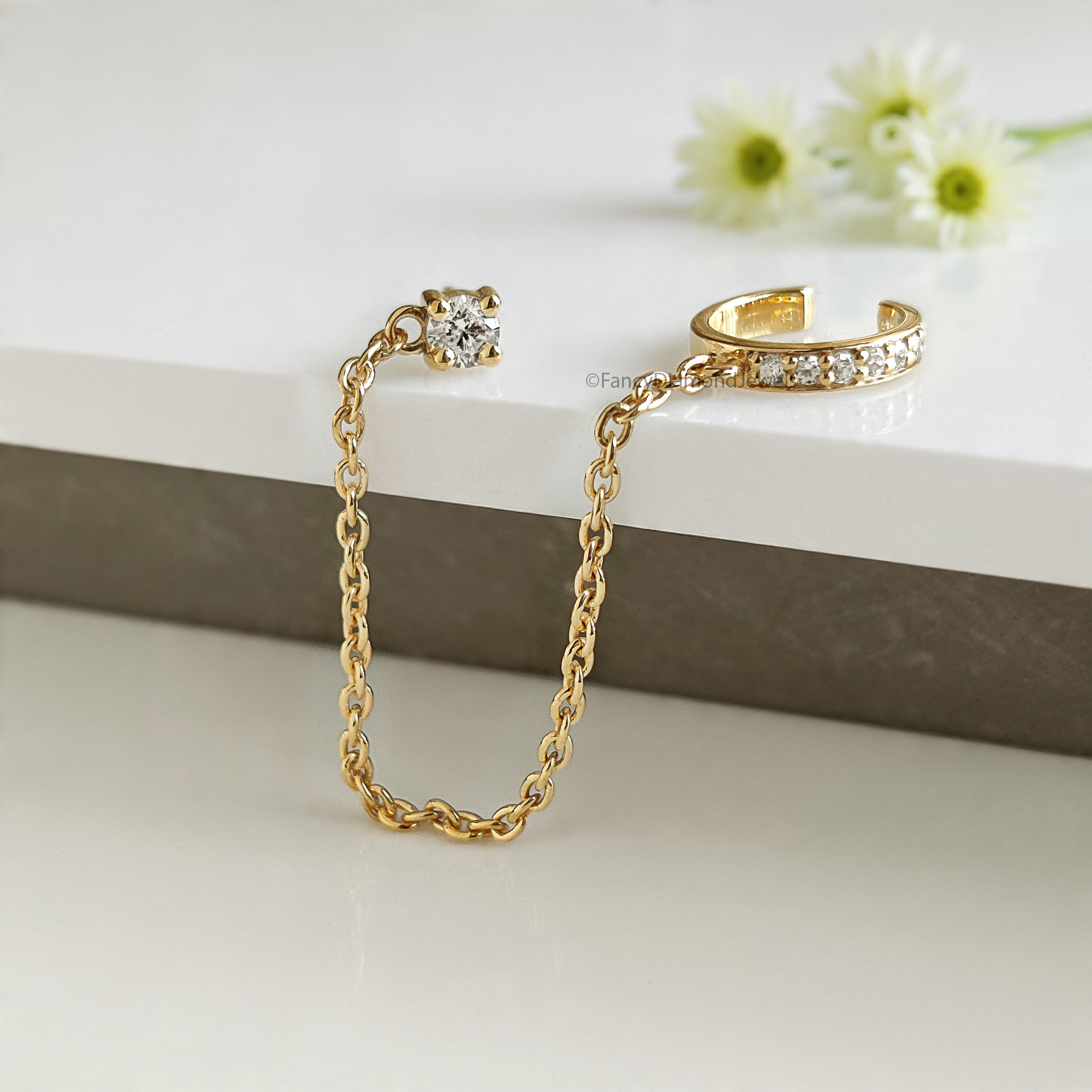 Minimalist Pave Ear Cuff Chain Earrings Round Diamond Stud Dangle Earrings in Gold and Sterling Silver Trendy Ear Cuff Chain Earrings FD533