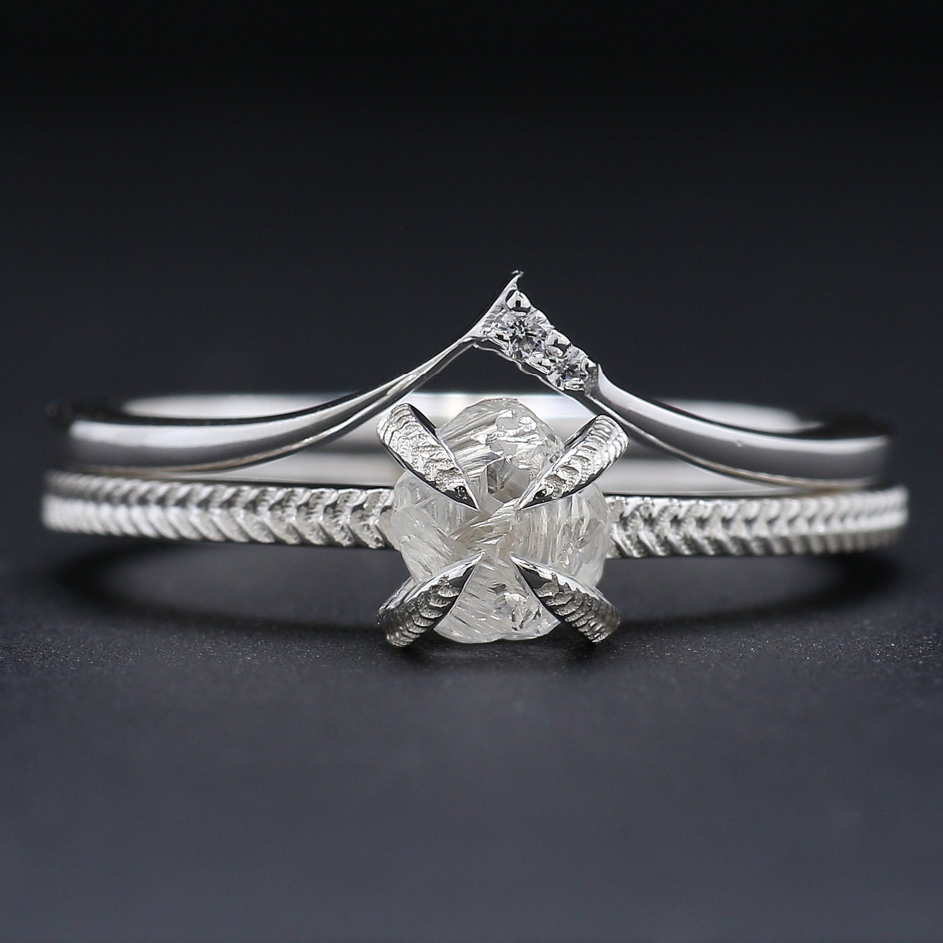 Rough White-F Color Diamond Ring 0.97 Ct 5.39 MM Crystal Rough Diamond Ring 14K Solid White Gold Silver Engagement Ring Gift For Her QL2470