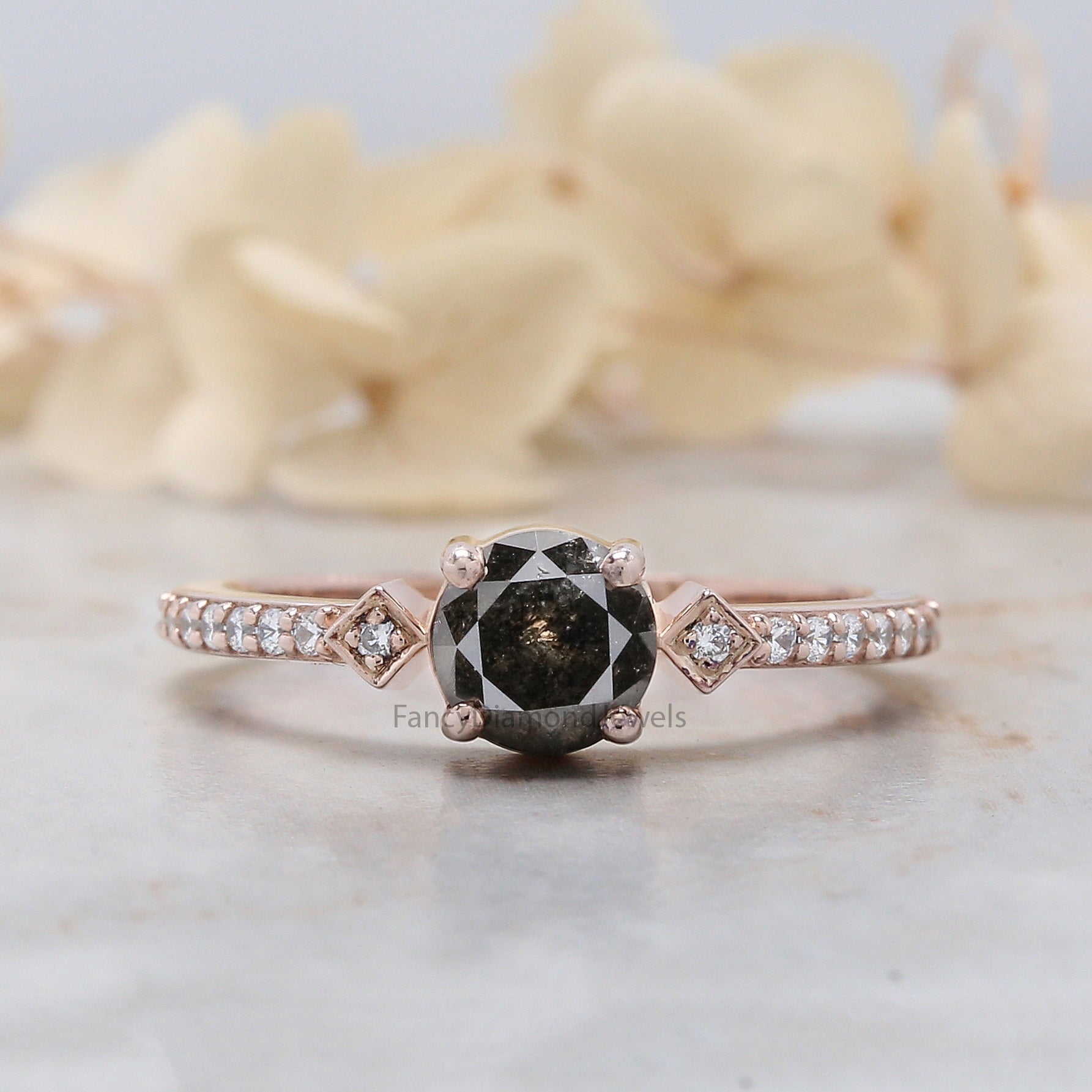 Round Salt And Pepper Diamond Ring 1.01 Ct 5.95 MM Round Cut Diamond Ring 14K Solid Rose Gold Silver Engagement Ring Gift For Her QL3094