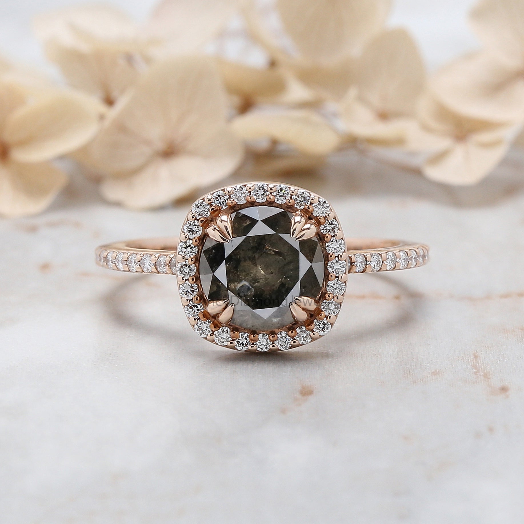 Round Cut Salt And Pepper Diamond Ring 2.10 Ct 8.00 MM Round Diamond Ring 14K Solid Rose Gold Silver Engagement Ring Gift For Her QL3028