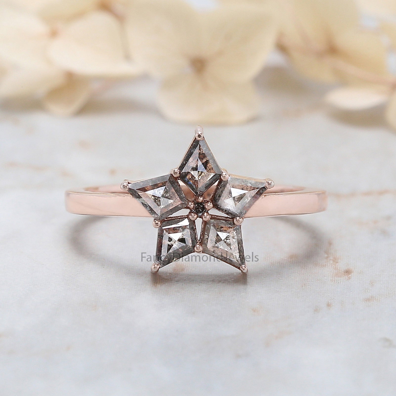 Kite Cut Salt And Pepper Diamond Ring 0.71 Ct 5.10 MM Kite Diamond Ring 14K Solid Rose Gold Silver Kite Engagement Ring Gift For Her QN1604