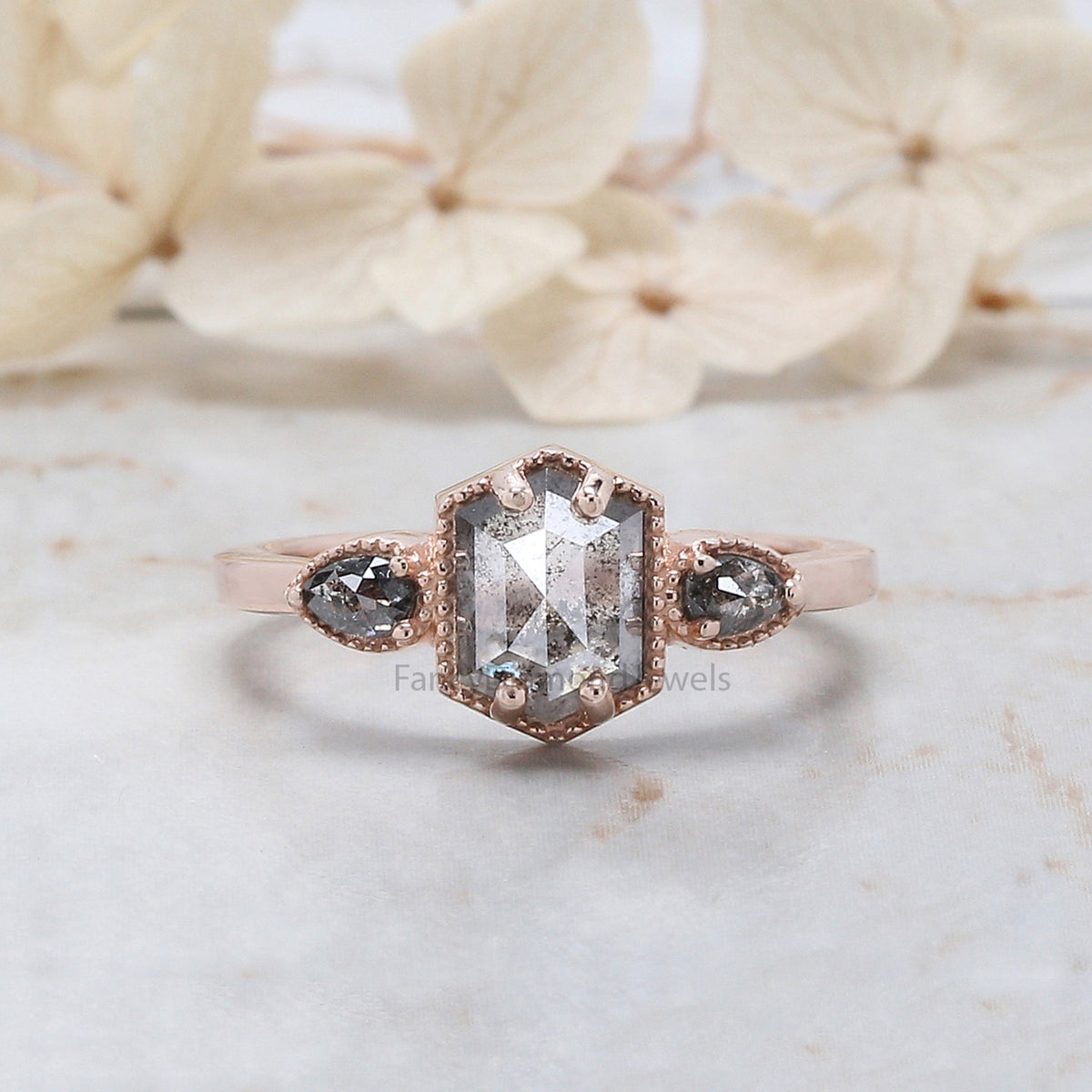 Hexagon Cut Salt And Pepper Diamond Ring 1.19 Ct 7.50 MM Hexagon Cut Diamond Ring 14K Rose Gold Silver Engagement Ring Gift For Her QL1102