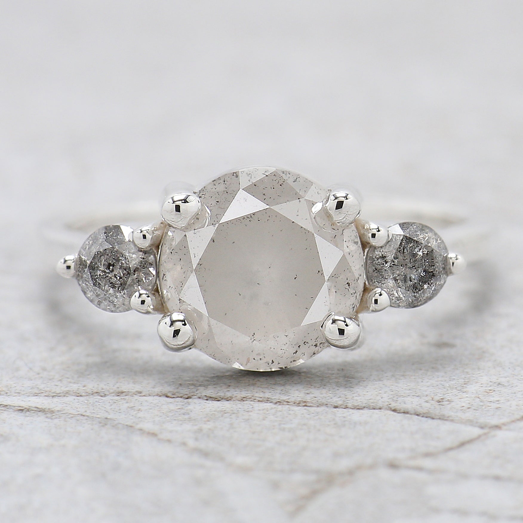 Round Cut Salt And Pepper Diamond Ring 2.56 Ct 8.21 MM Round Diamond Ring 14K Solid White Gold Silver Engagement Ring Gift For Her QL2517