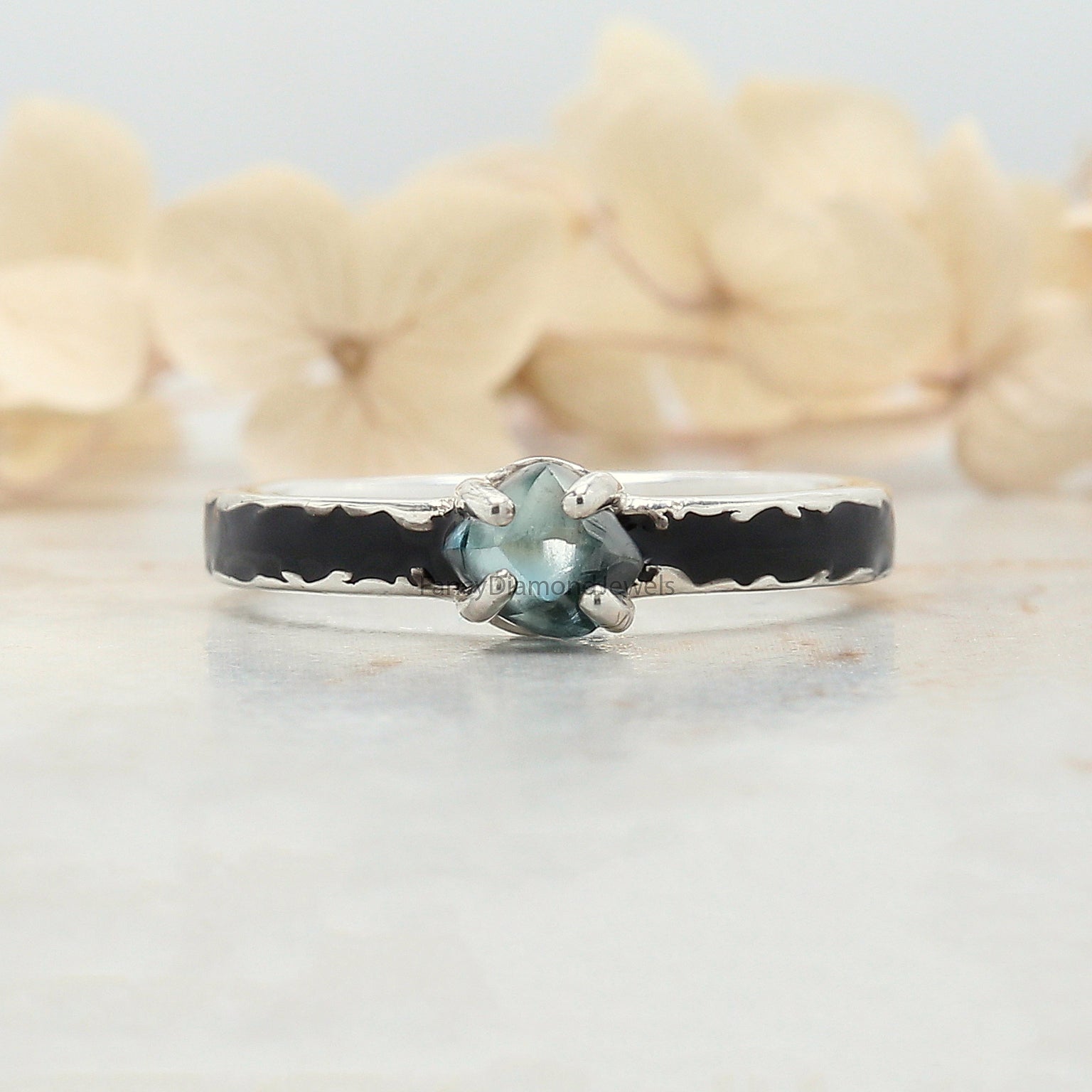 Rough Blue Color Diamond Ring 0.88 Ct 5.55 MM Crystal Rough Diamond Ring 14K Solid White Gold Silver Engagement Ring Gift For Her QL2366