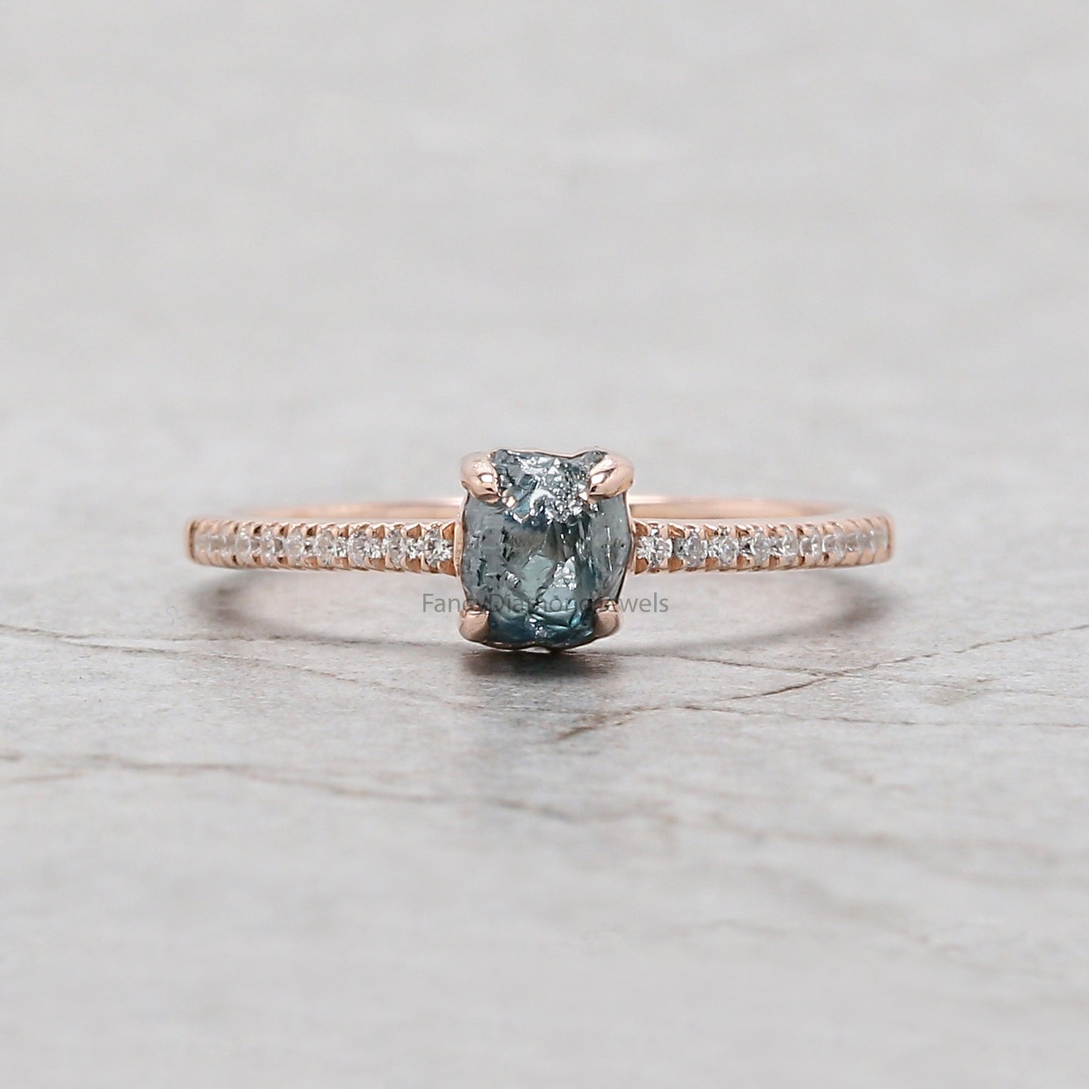 Rough Blue Color Diamond Ring 0.76 Ct 5.25 MM Crystal Rough Diamond Ring 14K Solid Rose Gold Silver Engagement Ring Gift For Her QLB2235