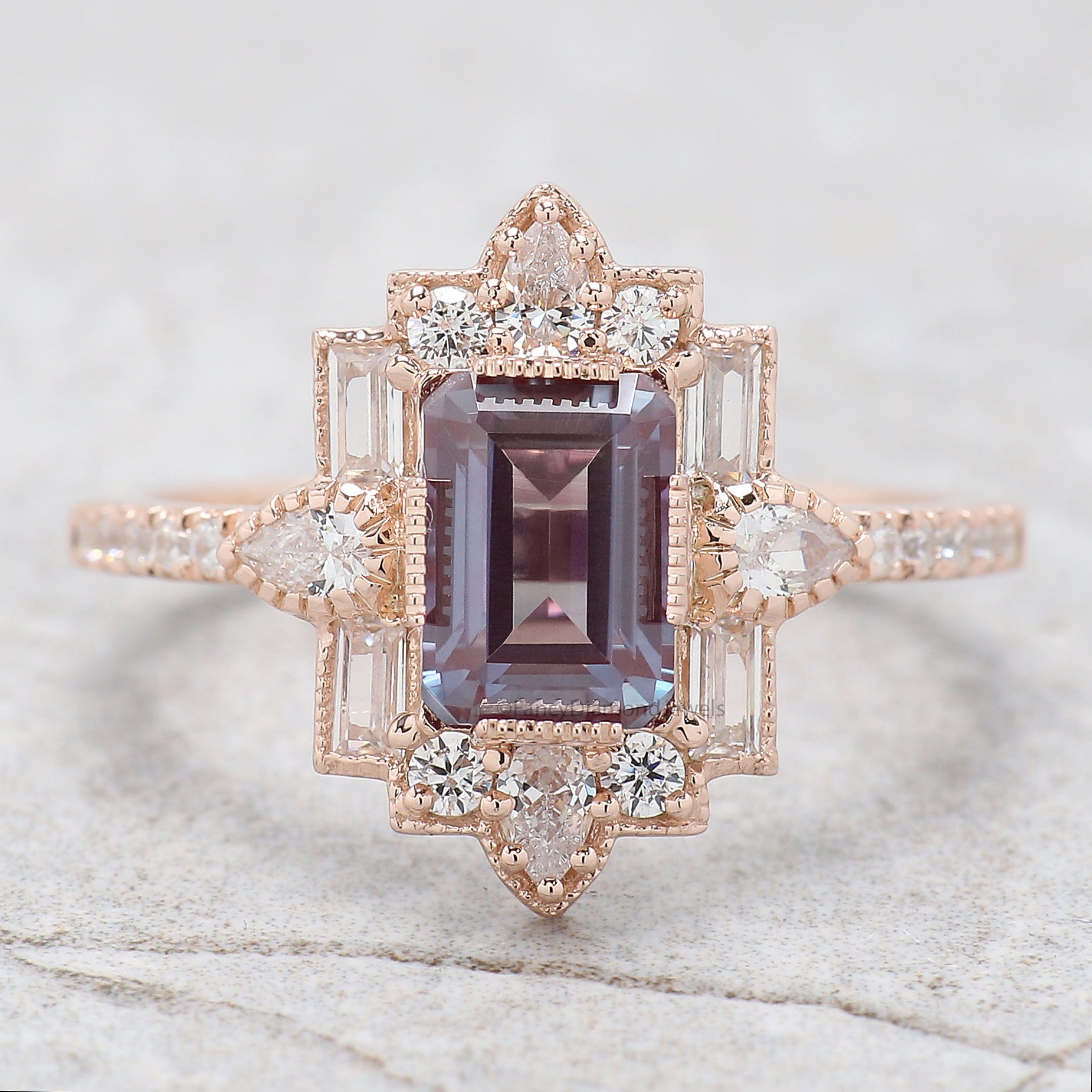 1.55 CT Emerald Cut Lab Alexandrite Engagement Ring Baguette wedding ring Unique art deco Ring Pear halo Starburst ring Gift For Her FD416
