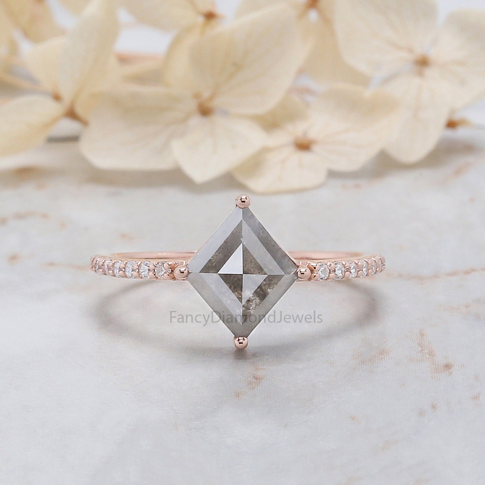 Kite Cut Salt And Pepper Diamond Ring 1.50 Ct 9.60 MM Kite Diamond Ring 14K Solid Rose Gold Silver Kite Engagement Ring Gift For Her QK2049