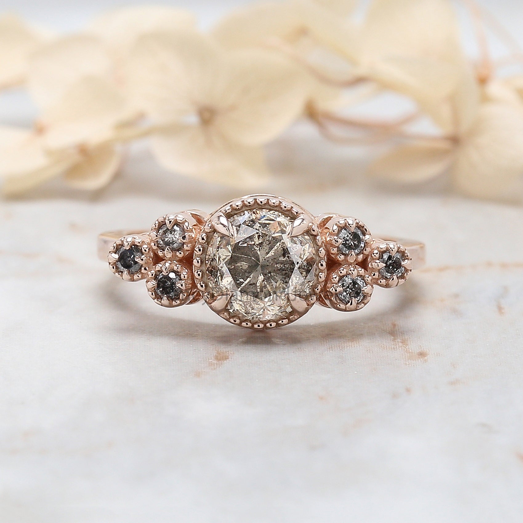 Round Cut Salt And Pepper Diamond Ring 1.57 Ct 6.90 MM Round Diamond Ring 14K Solid Rose Gold Silver Engagement Ring Gift For Her QL8546