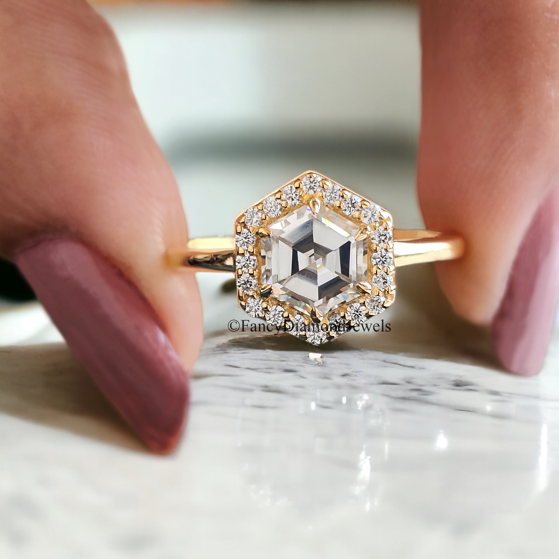 1.00 CT Hexagon And Round Cut Colorless Moissanite Halo Engagement Ring Prong Set Wedding Ring Cathedral Ring Anniversary Gift Ring FD84