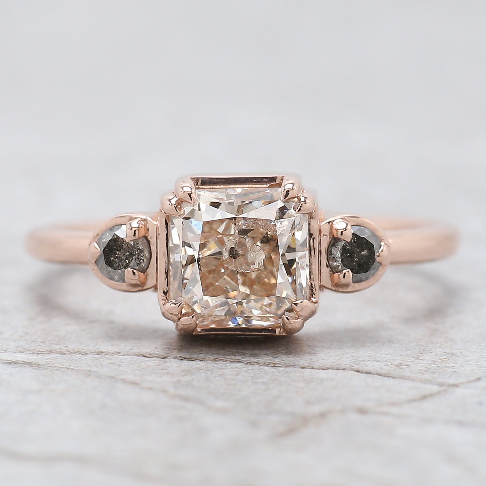 Radiant Salt And Pepper Diamond Ring 1.43 Ct 5.97 MM Radiant Diamond Ring 14K Solid Rose Gold Silver Engagement Ring Gift For Her QL2662