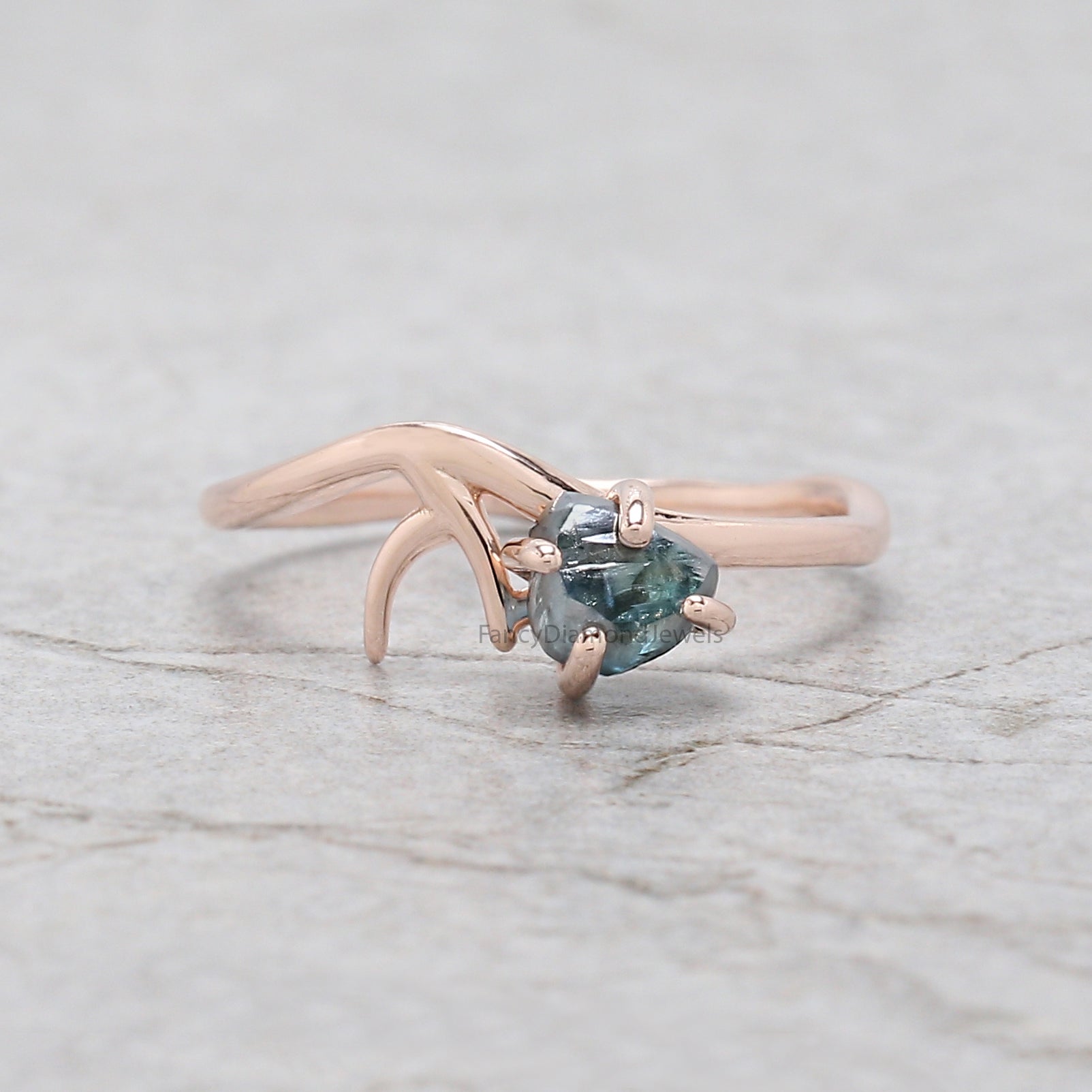 Rough Blue Color Diamond Ring 0.95 Ct 5.08 MM Crystal Rough Diamond Ring 14K Solid Rose Gold Silver Engagement Ring Gift For Her QL2231