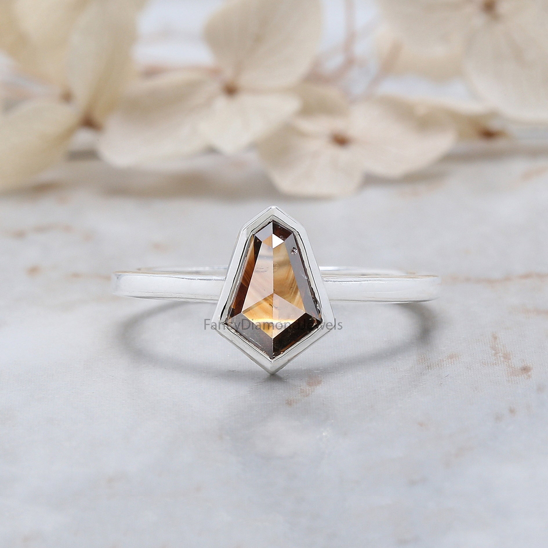 Shield Brown Color Diamond Ring 0.95 Ct 8.55 MM Shield Cut Diamond Ring 14K Solid White Gold Silver Engagement Ring Gift For Her QL1828