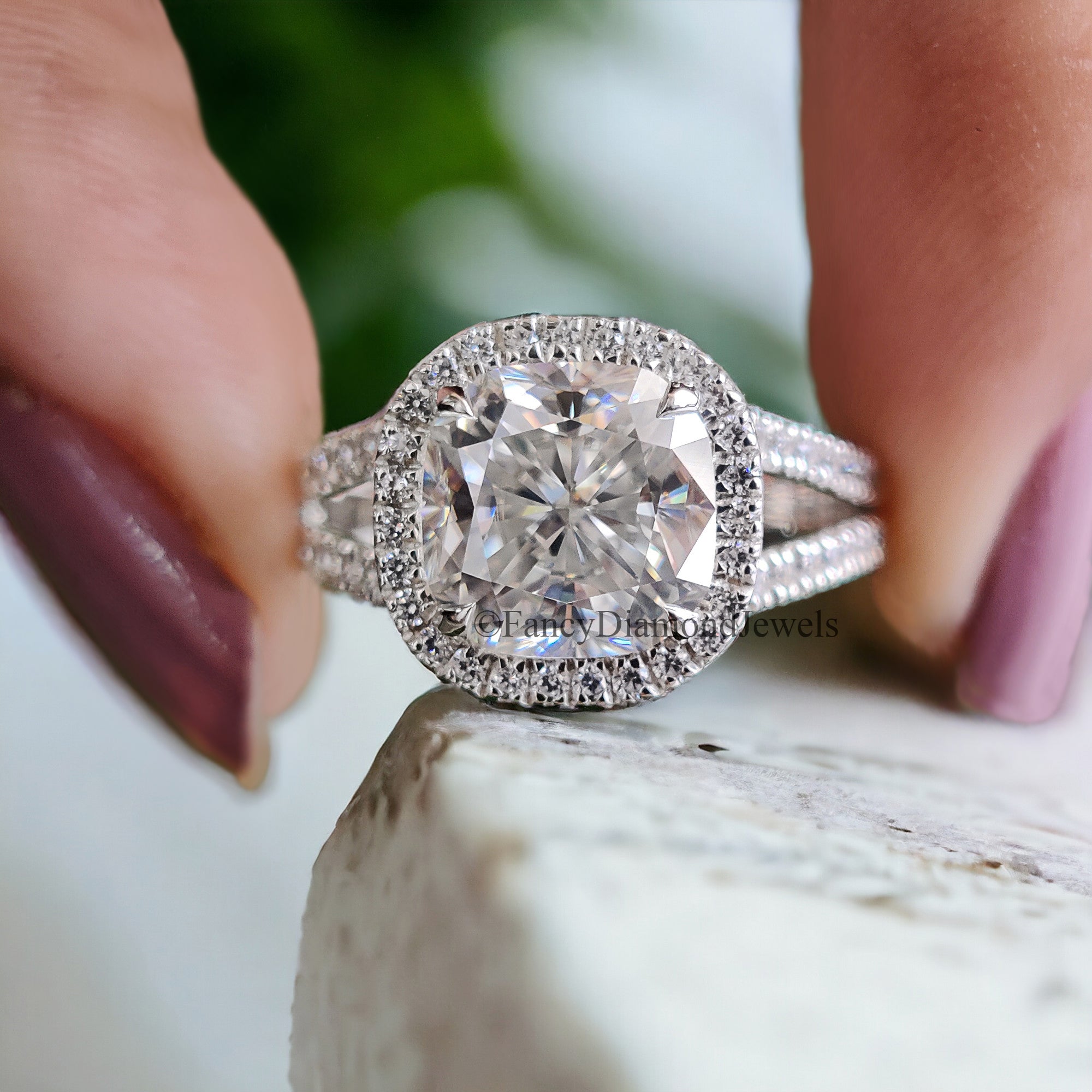 Halo Split Shank Engagement Ring 2.35 TW Cushion Shape Colorless Moissanite Ring Wedding Ring in Solid 10k/14k/18k White Gold Ring FD52