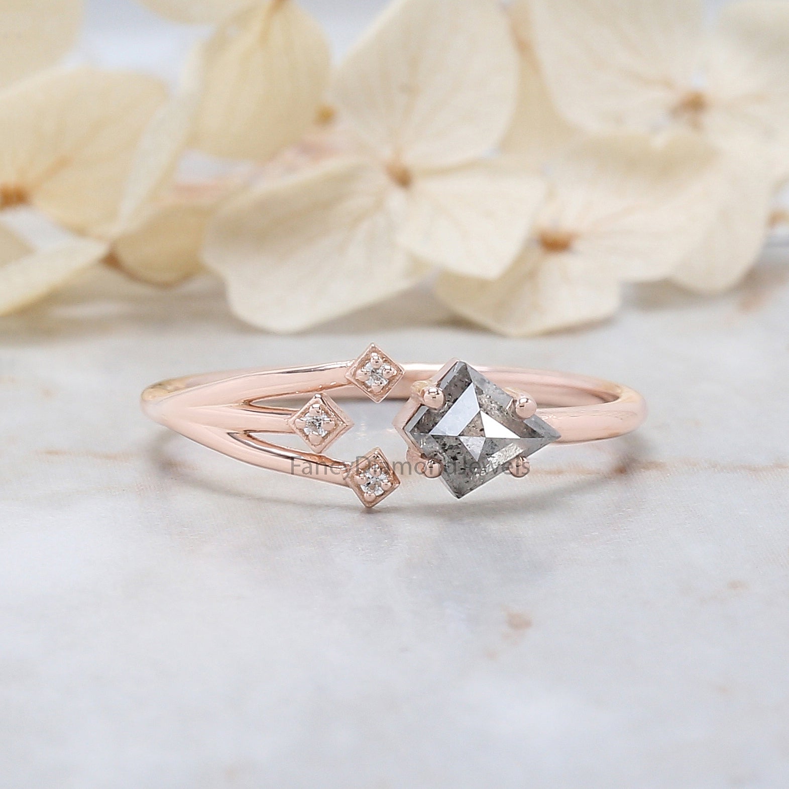Kite Cut Salt And Pepper Diamond Ring 0.42 Ct 5.85 MM Kite Diamond Ring 14K Solid Rose Gold Silver Kite Engagement Ring Gift For Her QL3122