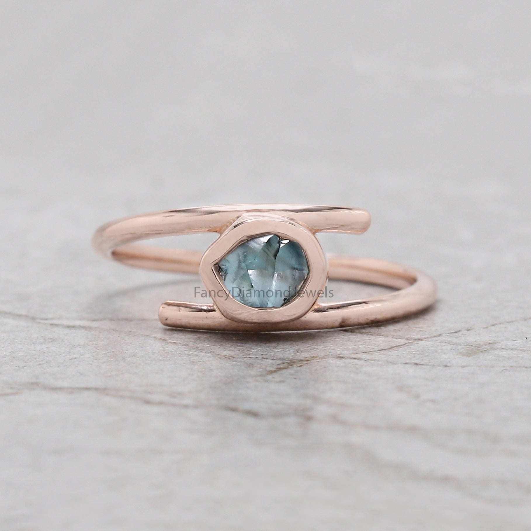 Rough Blue Color Diamond Ring 0.98 Ct 5.75 MM Crystal Rough Diamond Ring 14K Solid Rose Gold Silver Engagement Ring Gift For Her QLB2326