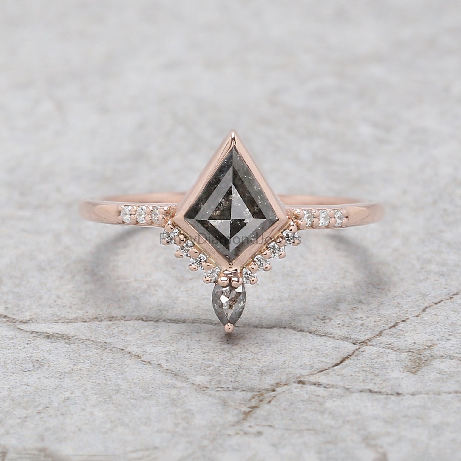Kite Cut Salt And Pepper Diamond Ring 0.60 Ct 7.20 MM Kite Diamond Ring 14K Solid Rose Gold Silver Kite Engagement Ring Gift For Her QN2095