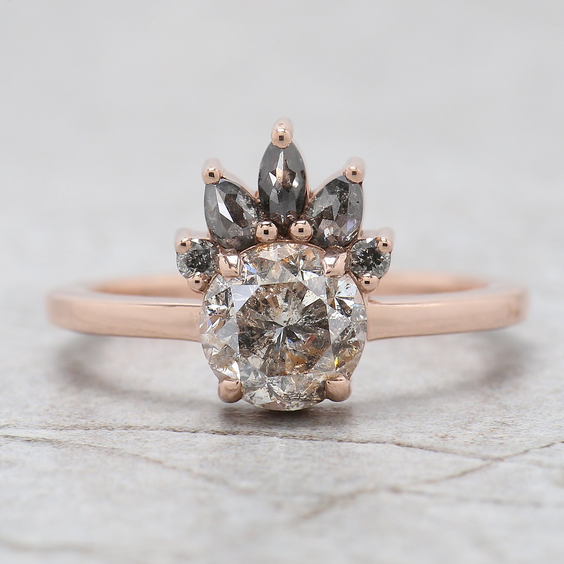 Round Cut Salt And Pepper Diamond Ring 1.45 Ct 6.75 MM Round Diamond Ring 14K Solid Rose Gold Silver Engagement Ring Gift For Her QL2616