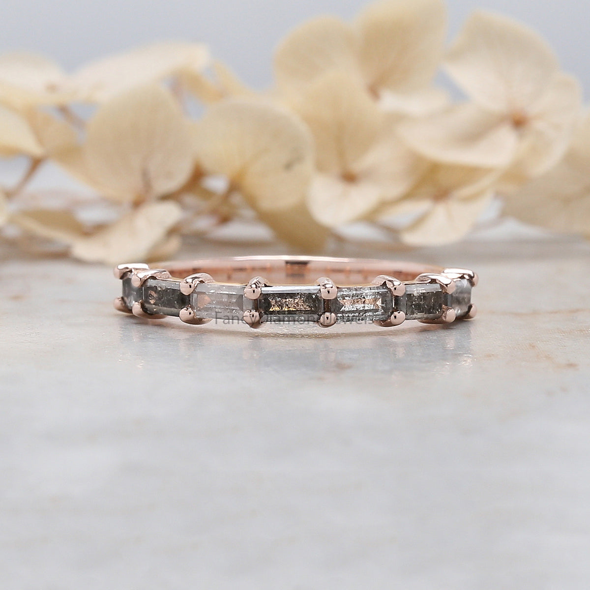 Baguette Salt And Pepper Diamond Ring 0.72 Ct 3.75 MM Baguette Diamond Ring 14K Solid Rose Gold Silver Engagement Ring Gift For Her QL1491
