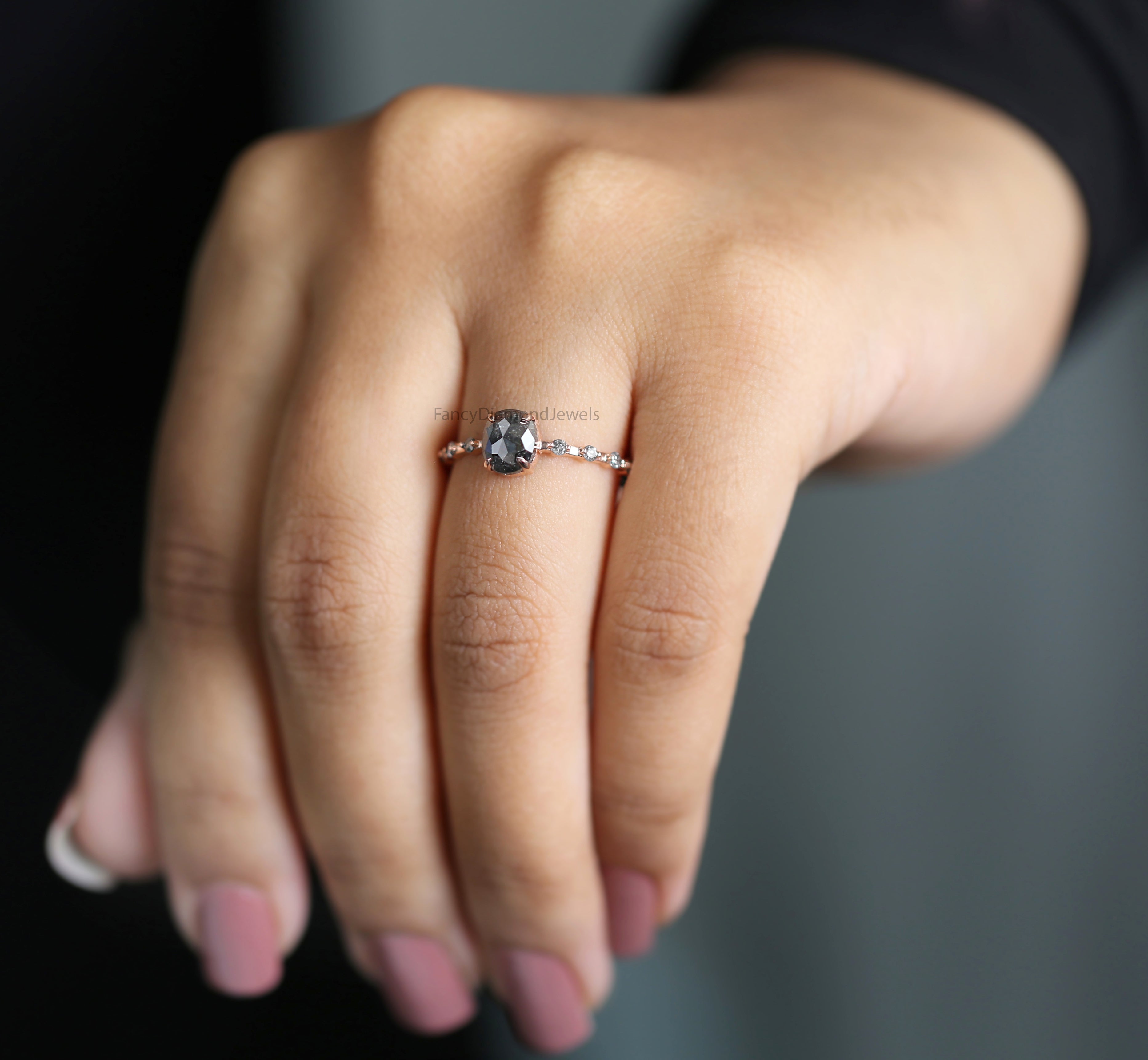 Oval Cut Salt And Pepper Diamond Ring 1.12 Ct 6.58 MM Oval Diamond Ring 14K Solid Rose Gold Silver Oval Engagement Ring Gift For Her QN2360