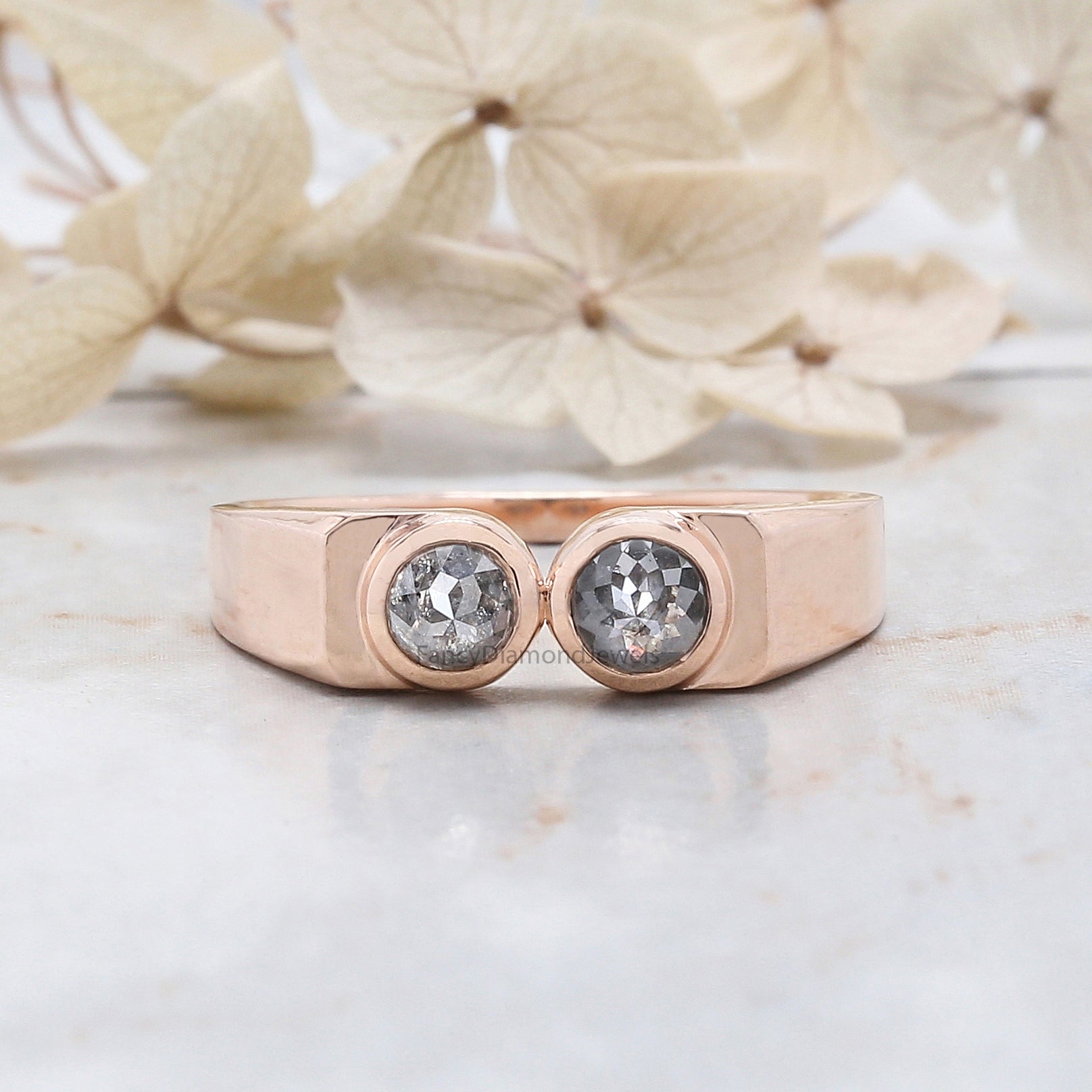 Round Rose Cut Salt And Pepper Diamond Band 0.98 Ct 4.55 MM Round Diamond Band 14K Rose Gold Silver Engagement Band Gift For Him QK2442