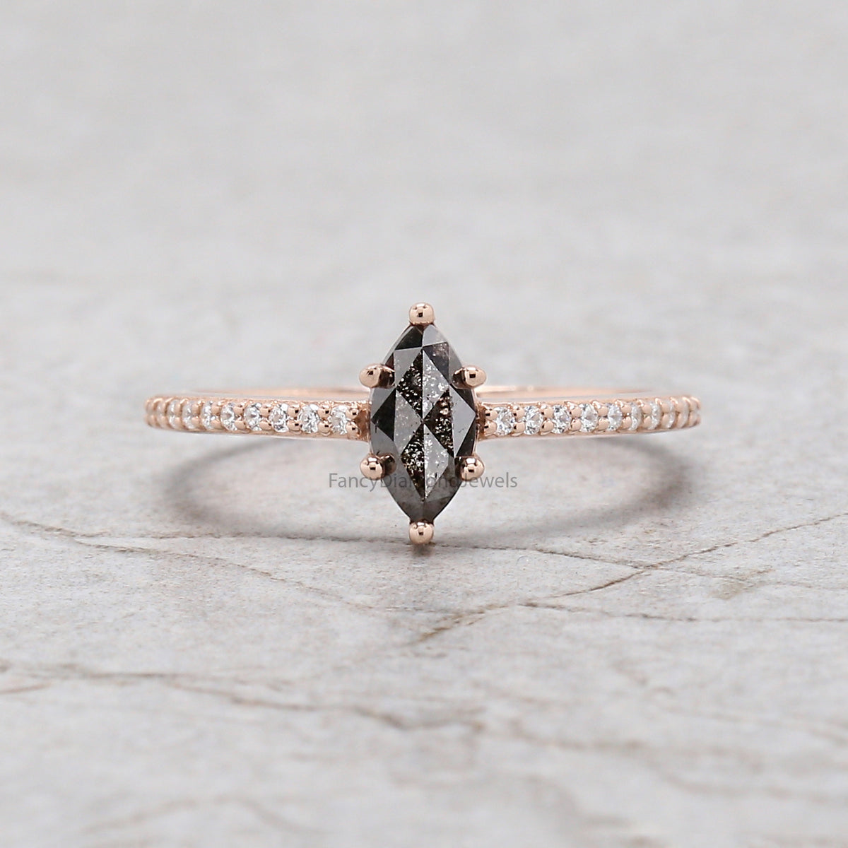 0.65 Ct Natural Marquise Salt And Pepper Diamond Ring 7.40 MM Marquise Diamond Cut Ring 14K Solid Rose Gold Silver Engagement Ring QN8352