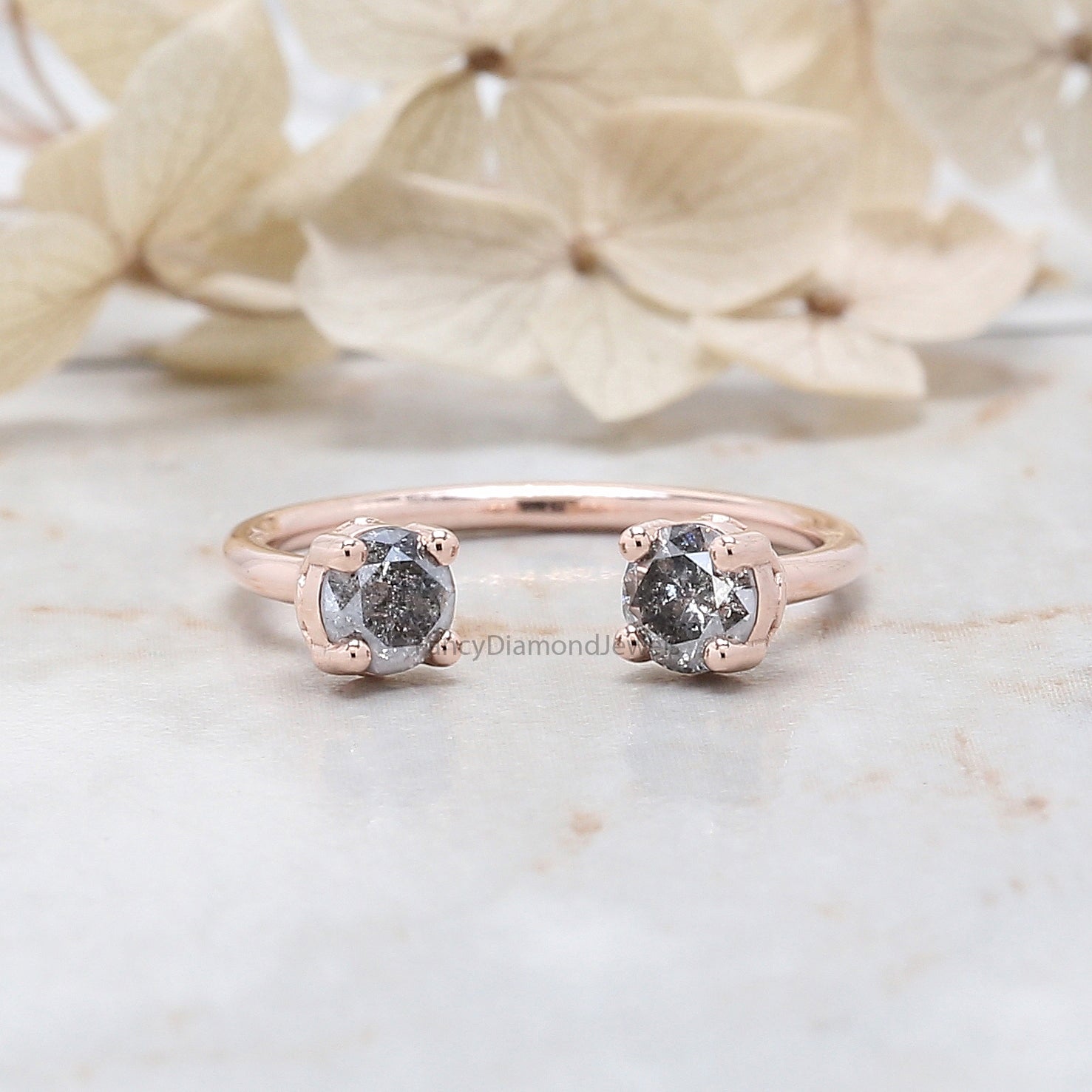 Round Cut Salt And Pepper Diamond Ring 0.63 Ct 4.25 MM Round Diamond Ring 14K Solid Rose Gold Silver Engagement Ring Gift For Her QL1377