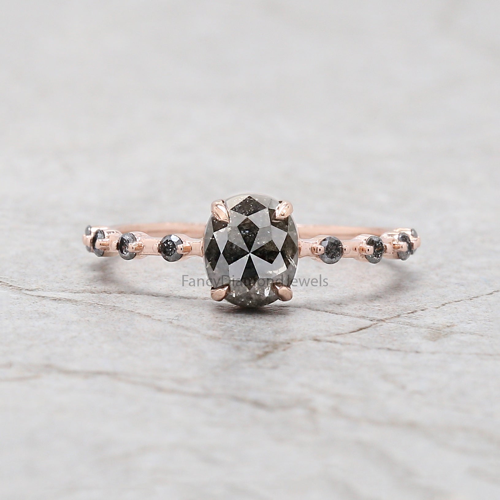 Oval Cut Salt And Pepper Diamond Ring 1.12 Ct 6.58 MM Oval Diamond Ring 14K Solid Rose Gold Silver Oval Engagement Ring Gift For Her QN2360