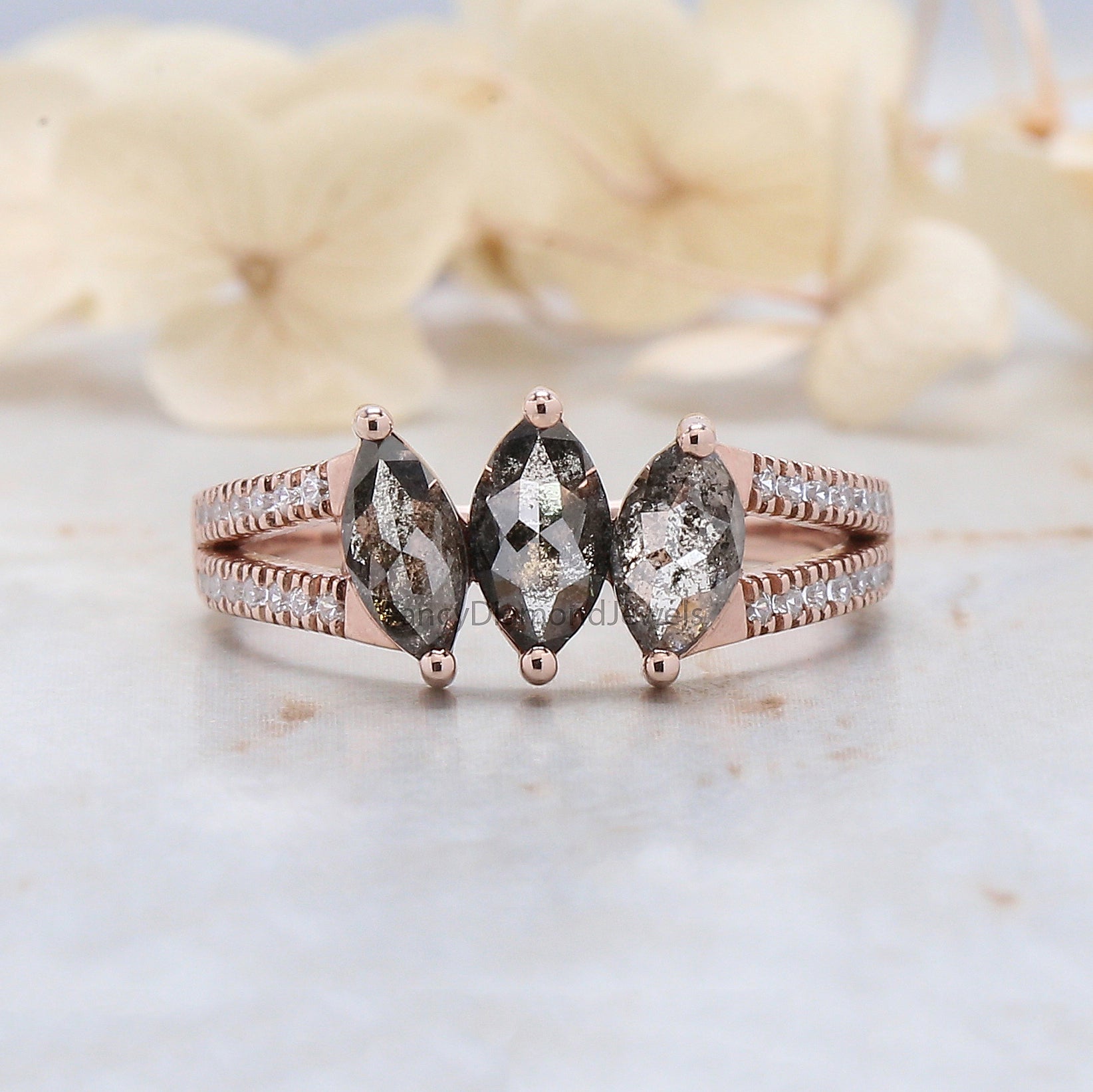 Marquise Cut Salt And Pepper Diamond Ring 0.97 Ct 6.76 MM Marquise Diamond Ring 14K Rose Gold Silver Engagement Ring Gift For Her QL2559