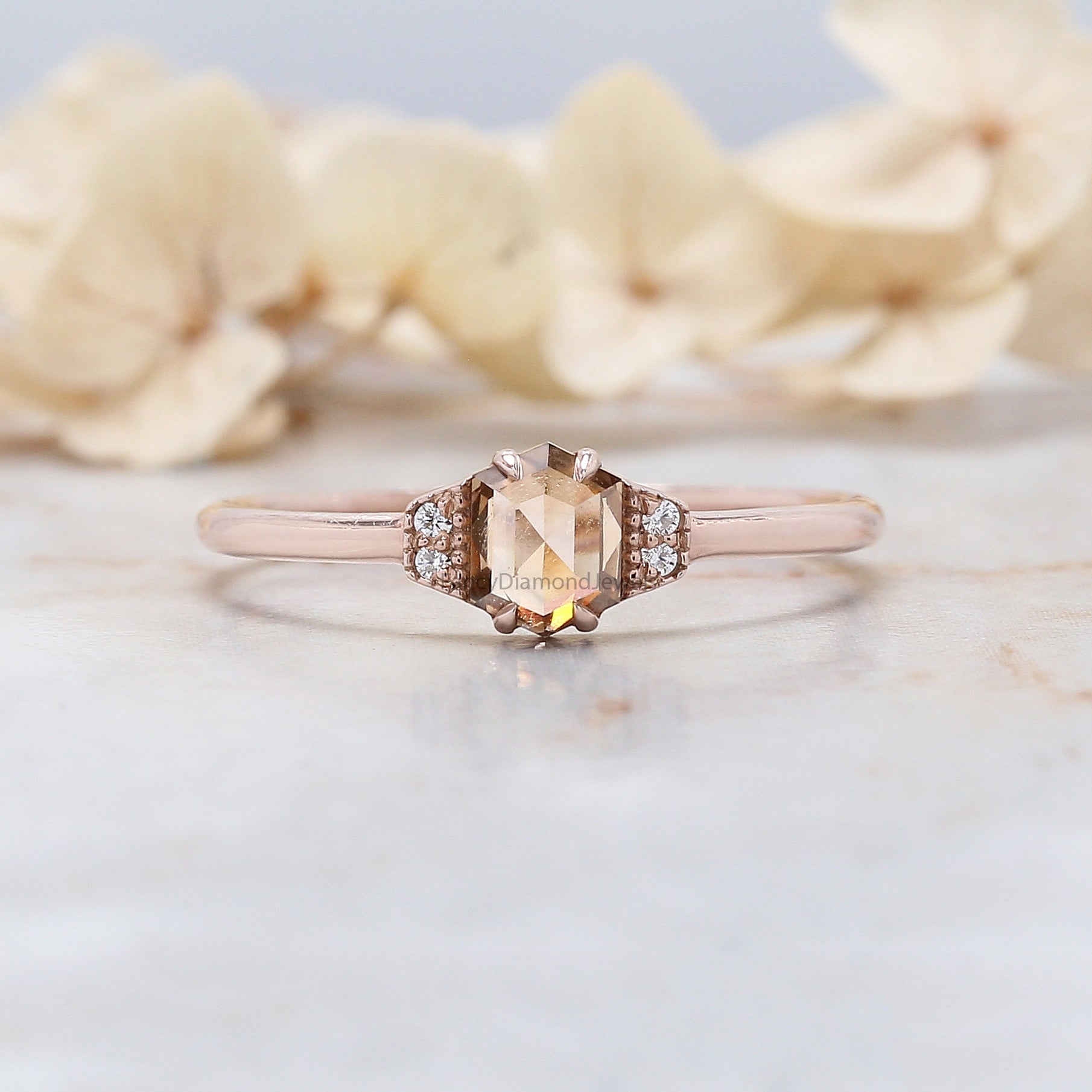 Hexagon Cut Brown Color Diamond Ring 0.51 Ct 5.20 MM Hexagon Diamond Ring 14K Solid Rose Gold Silver Engagement Ring Gift For Her QL655