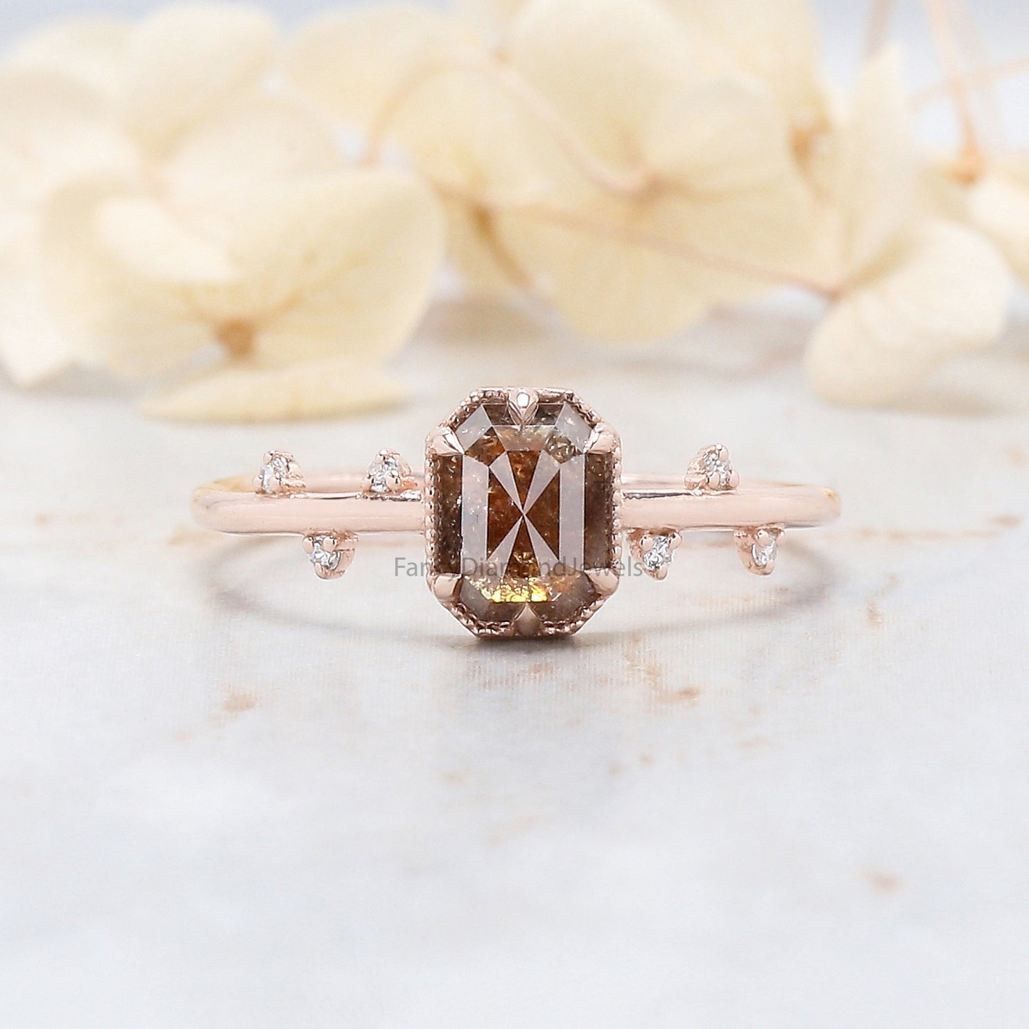 Emerald Cut Brown Color Diamond Ring 0.79 Ct 6.18 MM Emerald Shape Diamond Ring 14K Rose Gold Silver Engagement Ring Gift For Her QL652