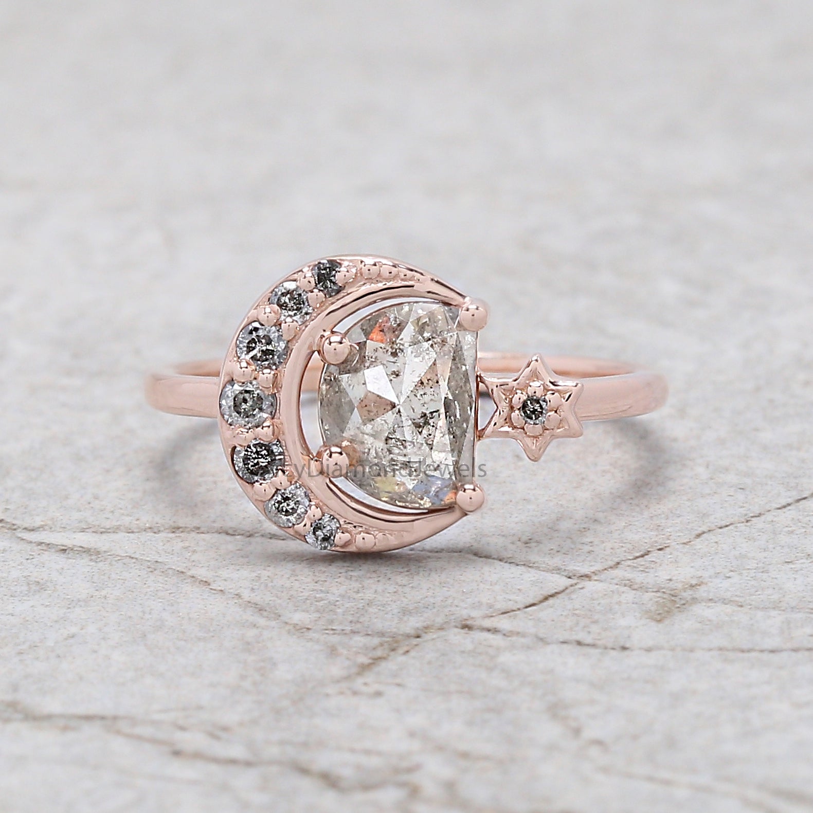 Half Moon Salt And Pepper Diamond Ring 0.94 Ct 7.30 MM Half Moon Diamond Ring 14K Solid Rose Gold Silver Engagement Ring Gift For Her QN725