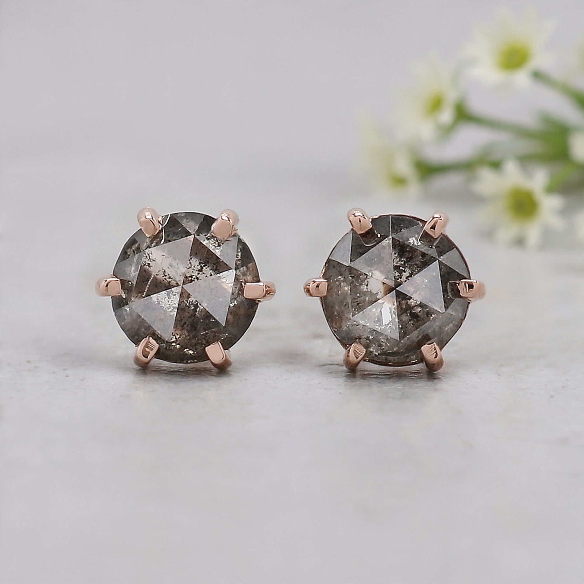 Round Rose Cut Salt And Pepper Diamond Earring 0.60 Ct 4.20 MM Round Diamond Earring 14K Solid Rose Gold Silver Earring Gift For Her KDN9314