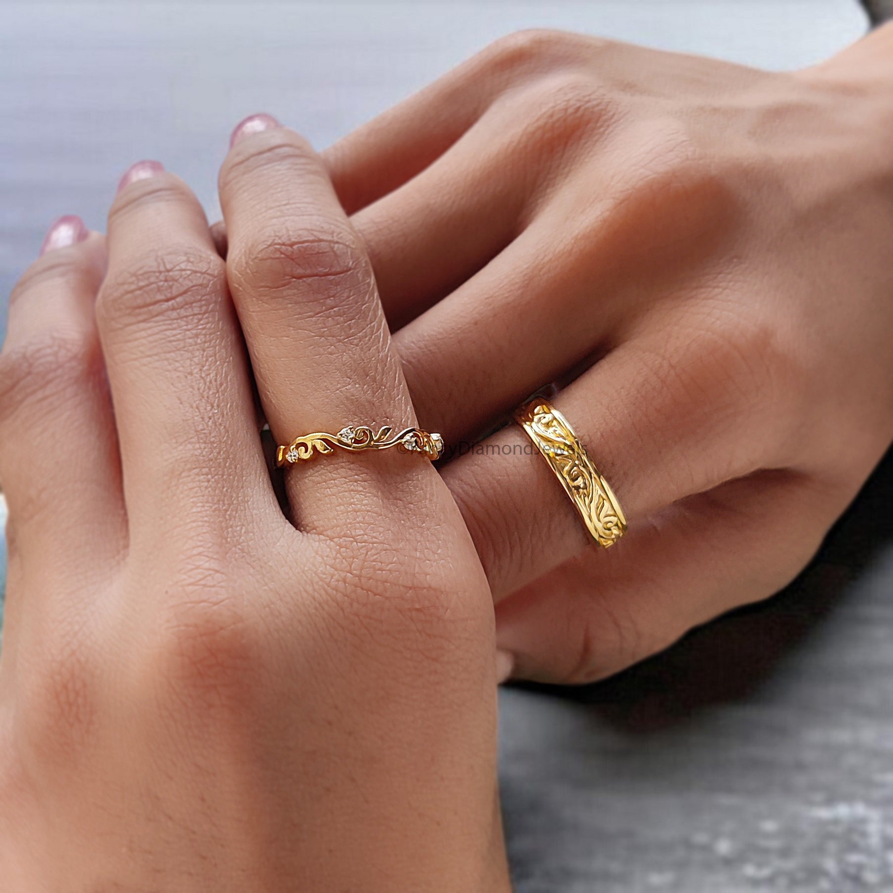 Elegant Silver Wedding Ring Set with Sparkling Diamonds for Couples Wedding Band Set Natural Style Flower & Leaf Wedding Ring Set FD524