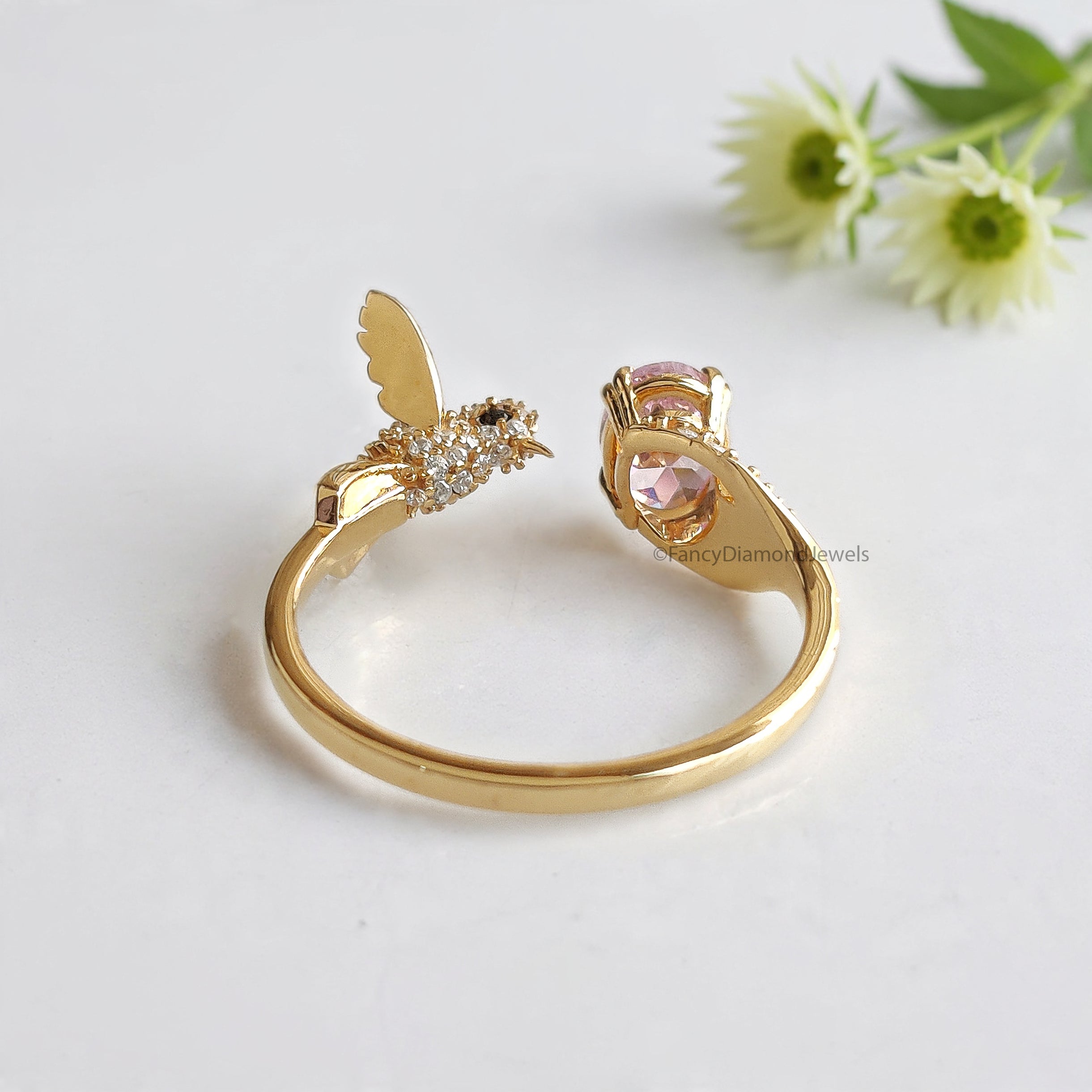 Oval Diamond Bird Ring Simulated Diamond Engagement Ring Yellow Plated Ring Anniversary Ring Simulant Pink Oval ring Gift For Her FD532