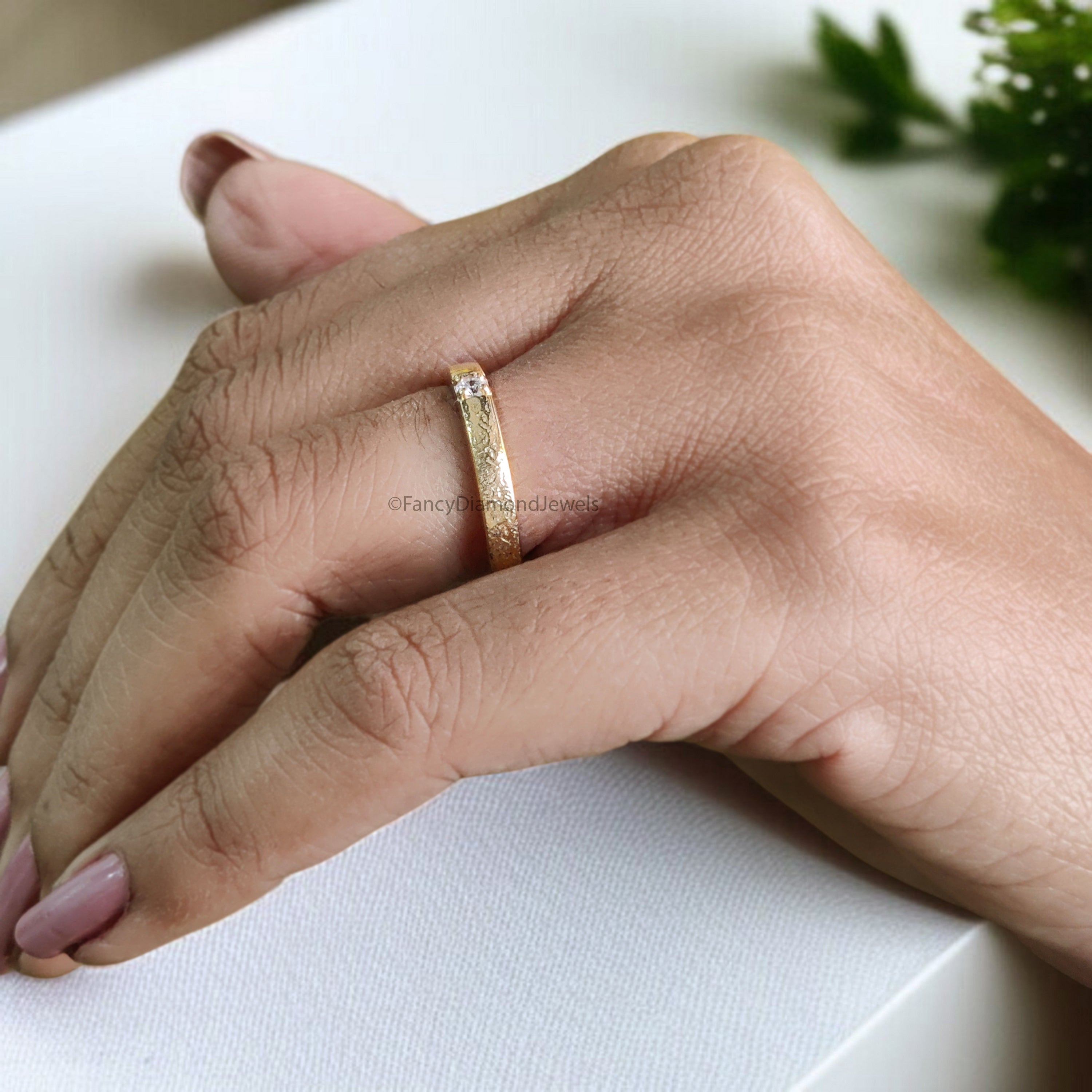 Hammered Natural White Diamond Wedding Band Silver Engagement Band Diamond Wedding Band Alternative Bridal Wedding Band Gift For Her FD517