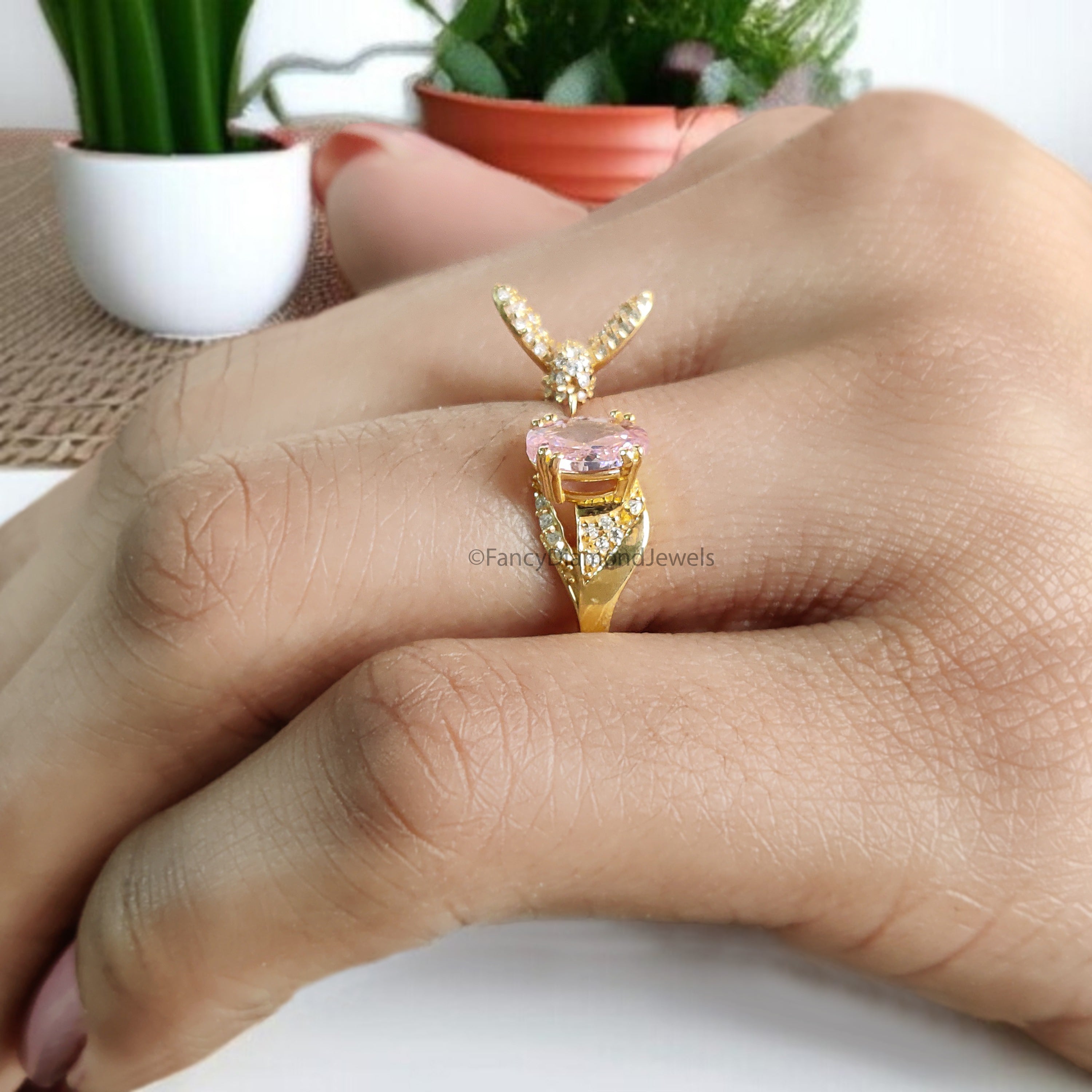 Oval Diamond Bird Ring Simulated Diamond Engagement Ring Yellow Plated Ring Anniversary Ring Simulant Pink Oval ring Gift For Her FD532