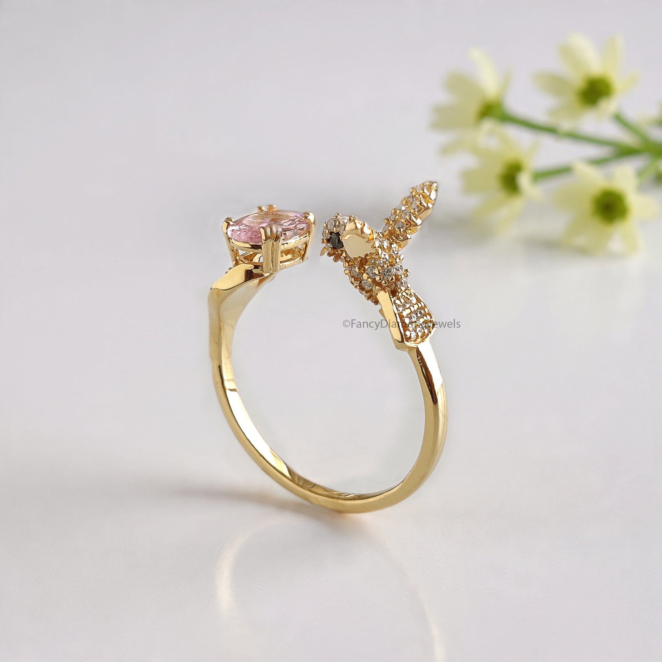 Oval Diamond Bird Ring Simulated Diamond Engagement Ring Yellow Plated Ring Anniversary Ring Simulant Pink Oval ring Gift For Her FD532