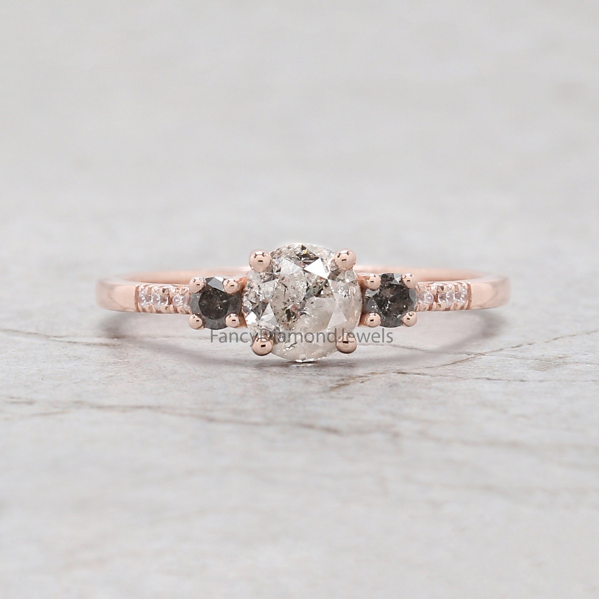 Round Cut Salt And Pepper Diamond Ring 0.83 Ct 5.64 MM Round Diamond Ring 14K Solid Rose Gold Silver Engagement Ring Gift For Her QN2184