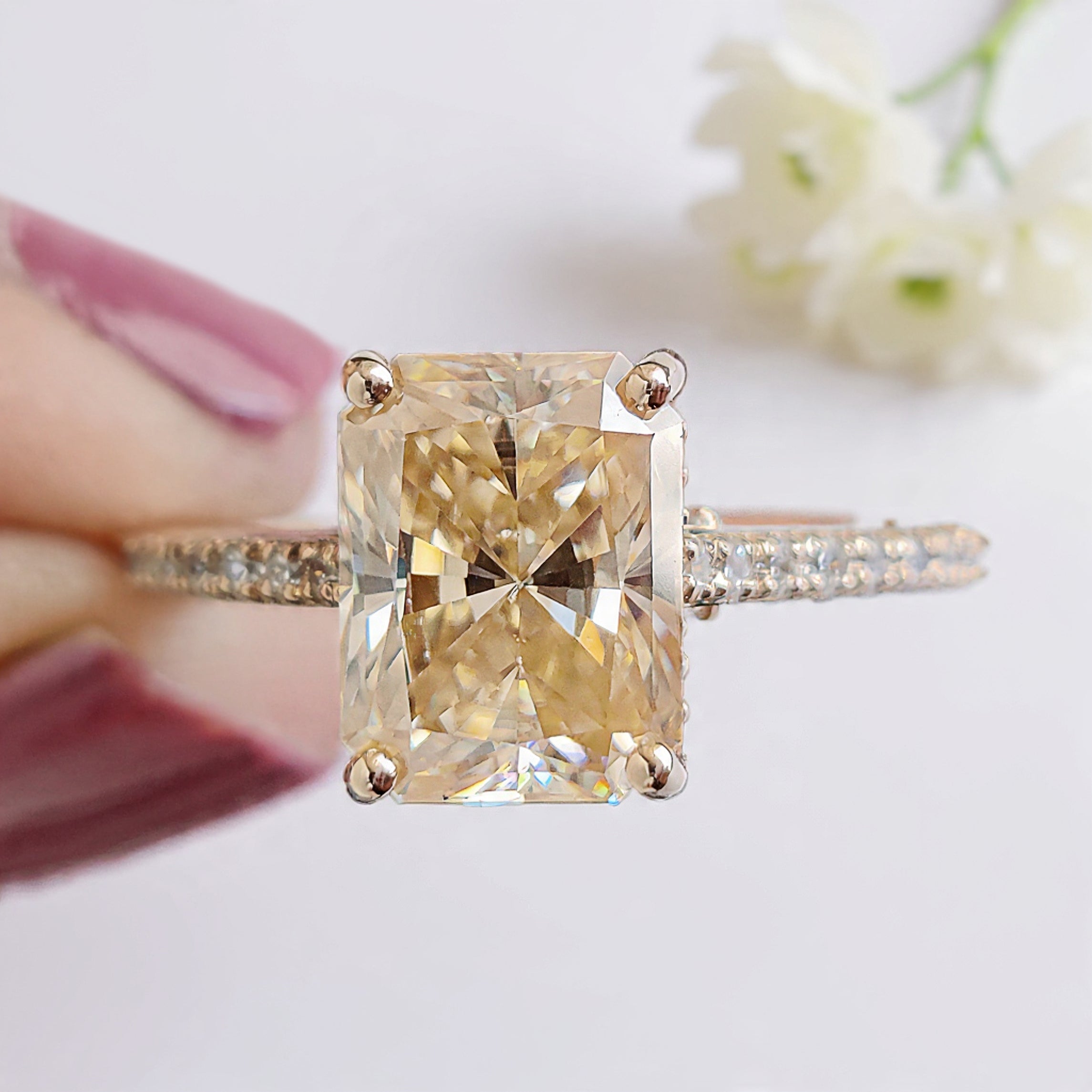 2.35 CT Radiant Crushed Ice Canary Yellow Moissanite Ring Radiant Cut Hidden Halo Set Engagement Ring Yellow Gold Ring Gift For Her FD462